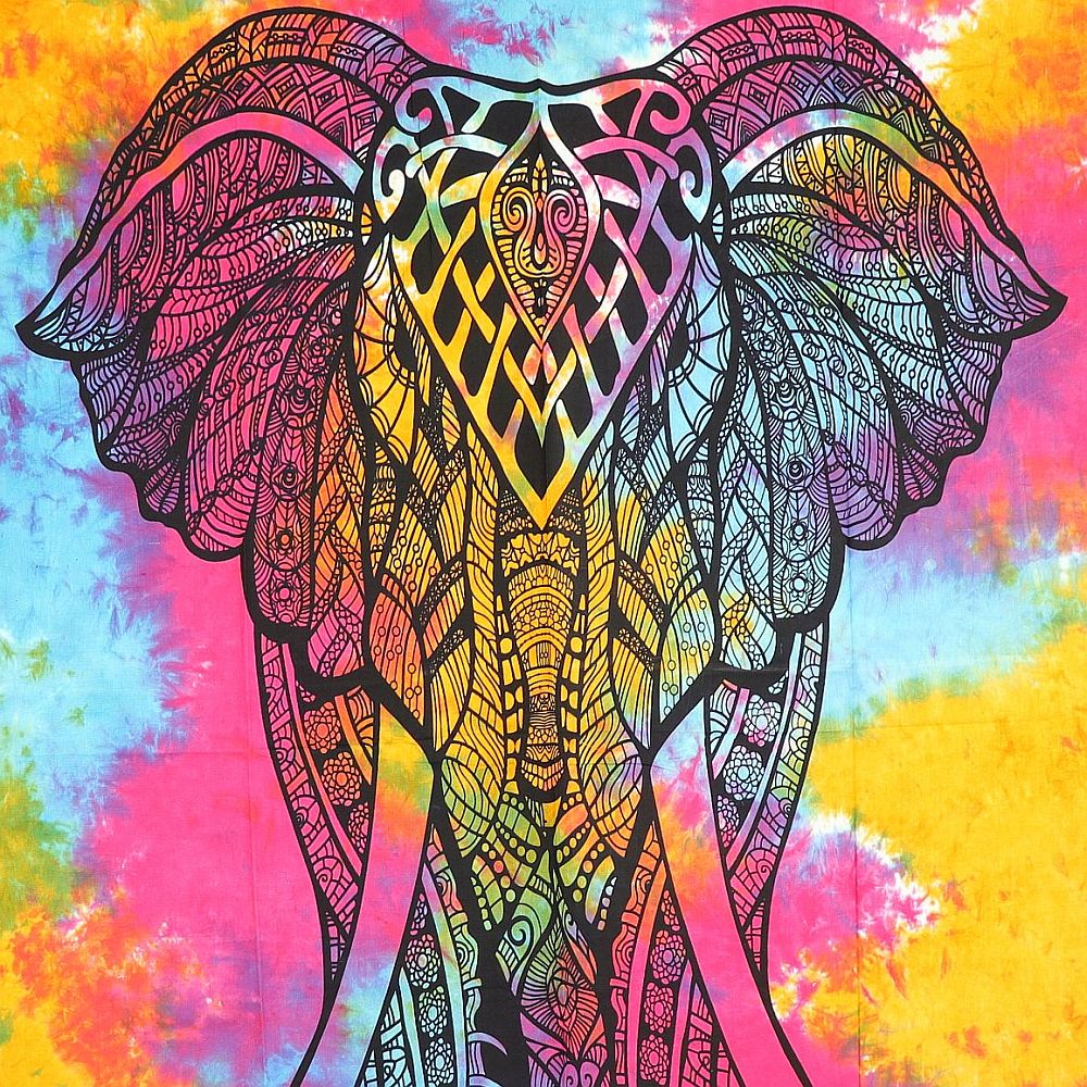 Wandtuch XL 130x210 - Elefant mit Stoßzahn - detailreicher indischer Druck - mehrfarbig - Batik - 100% Baumwolle - dekoratives Tuch, Wandbild, Tagesdecke, Bedcover, Vorhang, Picknick, Strand