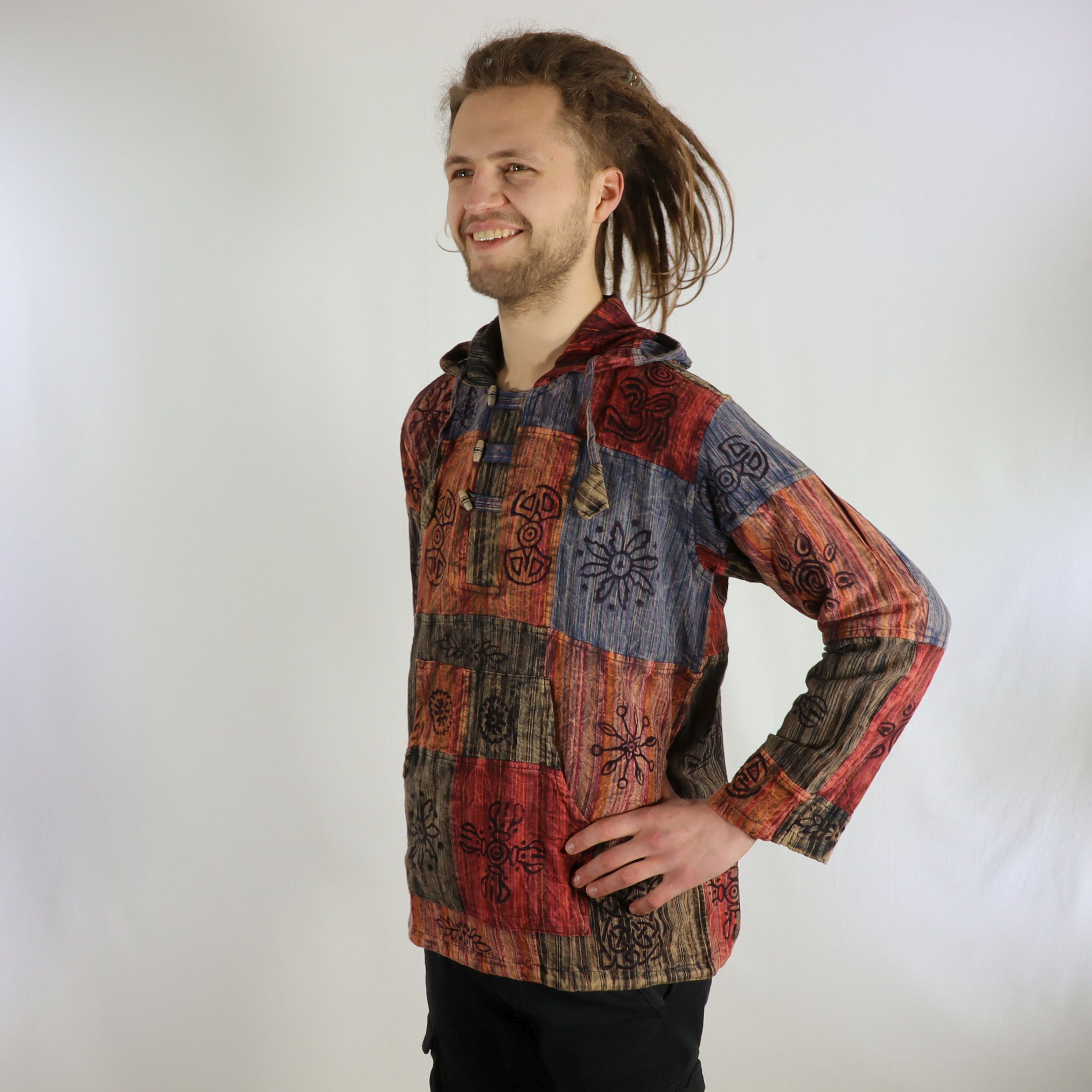 Kangaroo-Hemd - Patchwork Design - 100% Baumwolle - große Tasche und Kaputze - Dein außergewöhnliches Used Look Hemd - Fair gehandelt aus Nepal