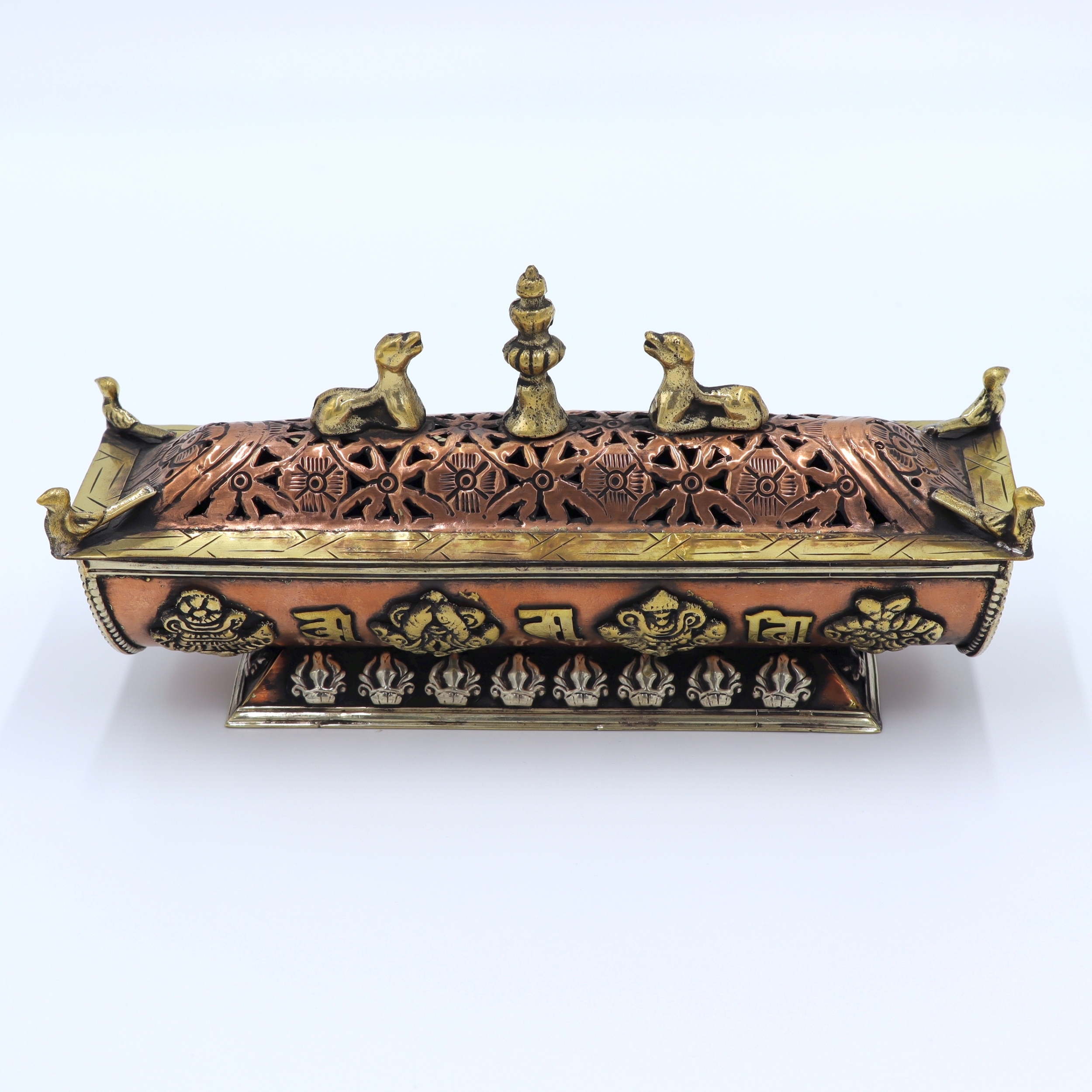 Räucherstäbchenhalter aus Metall, tibetisches Räuchergefäß mit Deckel, Ashtamangala & Om Mani Padme Uhm, Antik Design