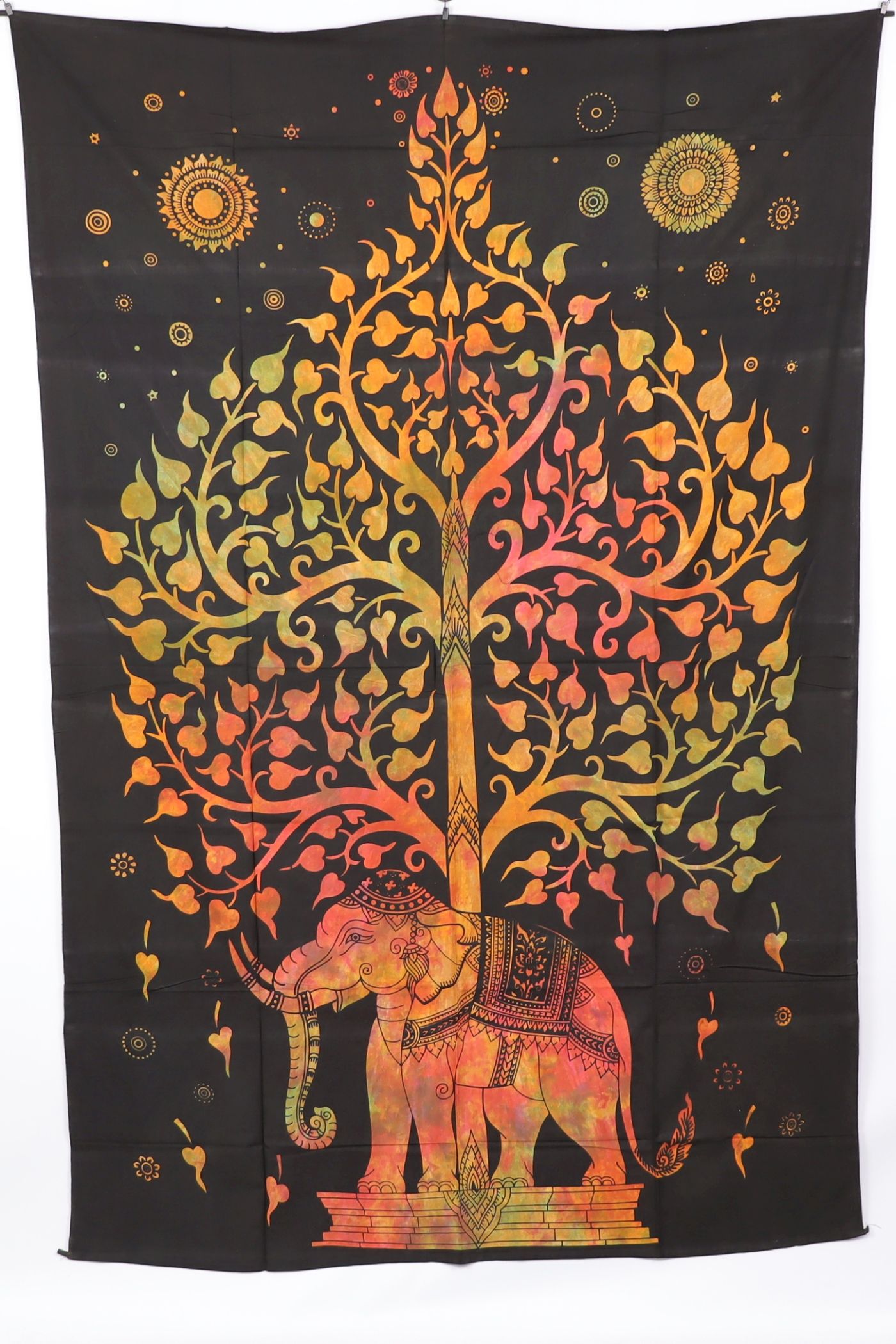Wandtuch XL 130x210 - Baum und Elefant - 100% Baumwolle - detailreicher indischer Druck - dekoratives Tuch, Wandbild, Tagesdecke, Bedcover, Vorhang, Picknick-Decke, Strandtuch