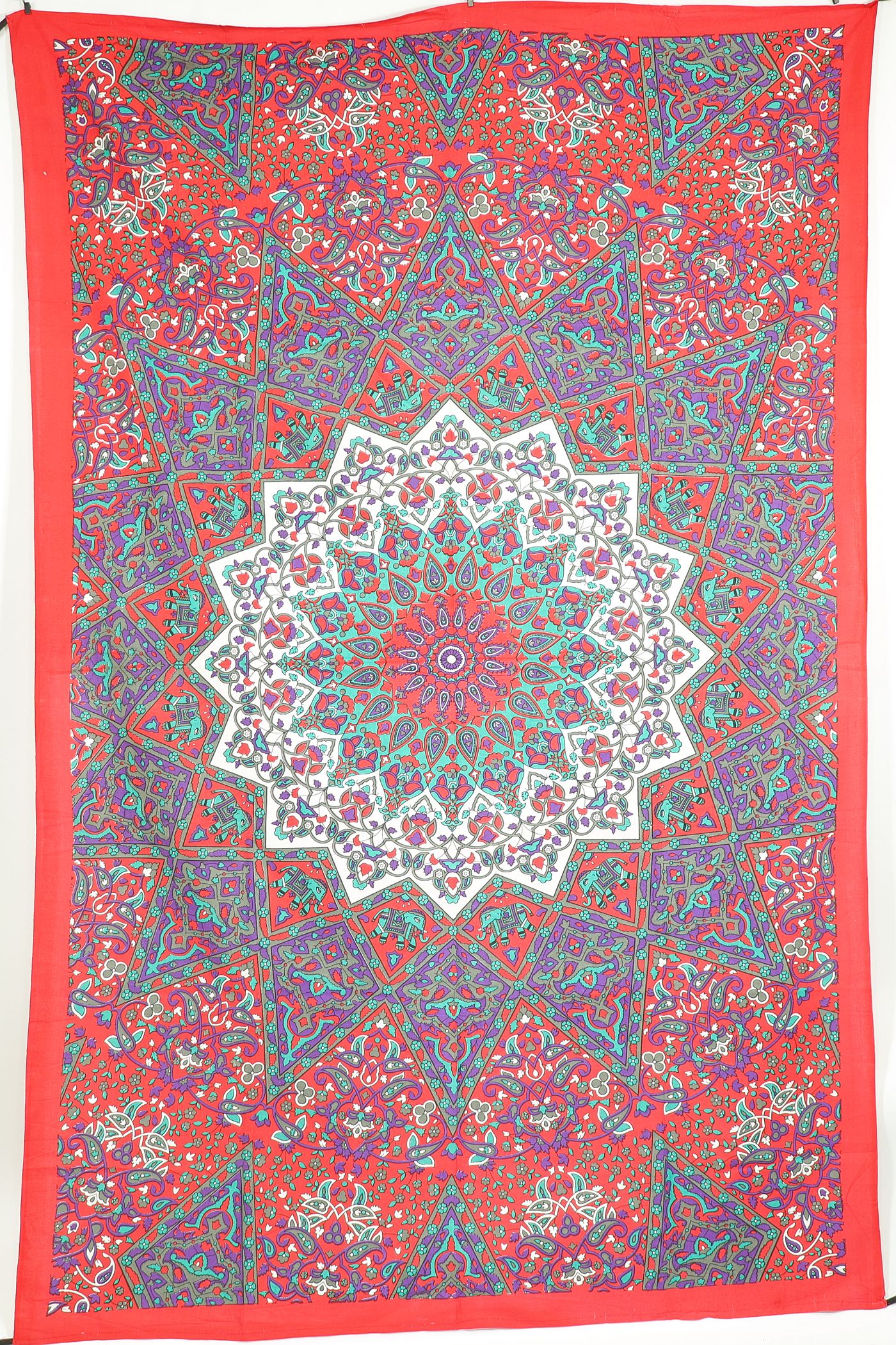 Wandtuch XL 130x210 - Mandala Stern mit Elefanten und Blumen - 100% Baumwolle - detailreicher indischer Druck - mehrfarbig - dekoratives Tuch, Wandbild, Tagesdecke, Bedcover, Vorhang, Picknick-Decke, Strandtuch
