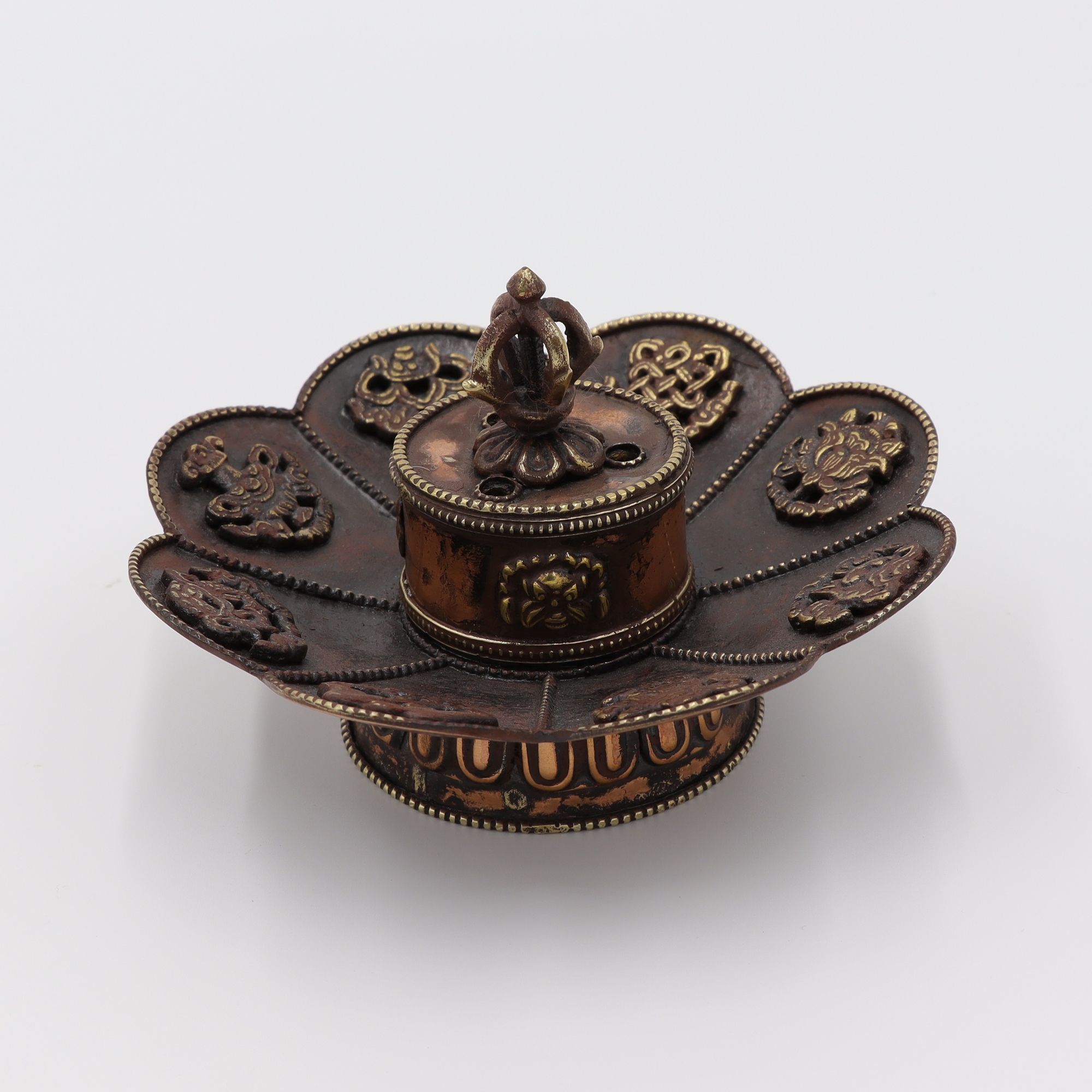 Räucherstäbchenhalter aus Metall, tibetisches Räuchergefäß mit Deckel, Lotus & Ashtamangala, Antik Design