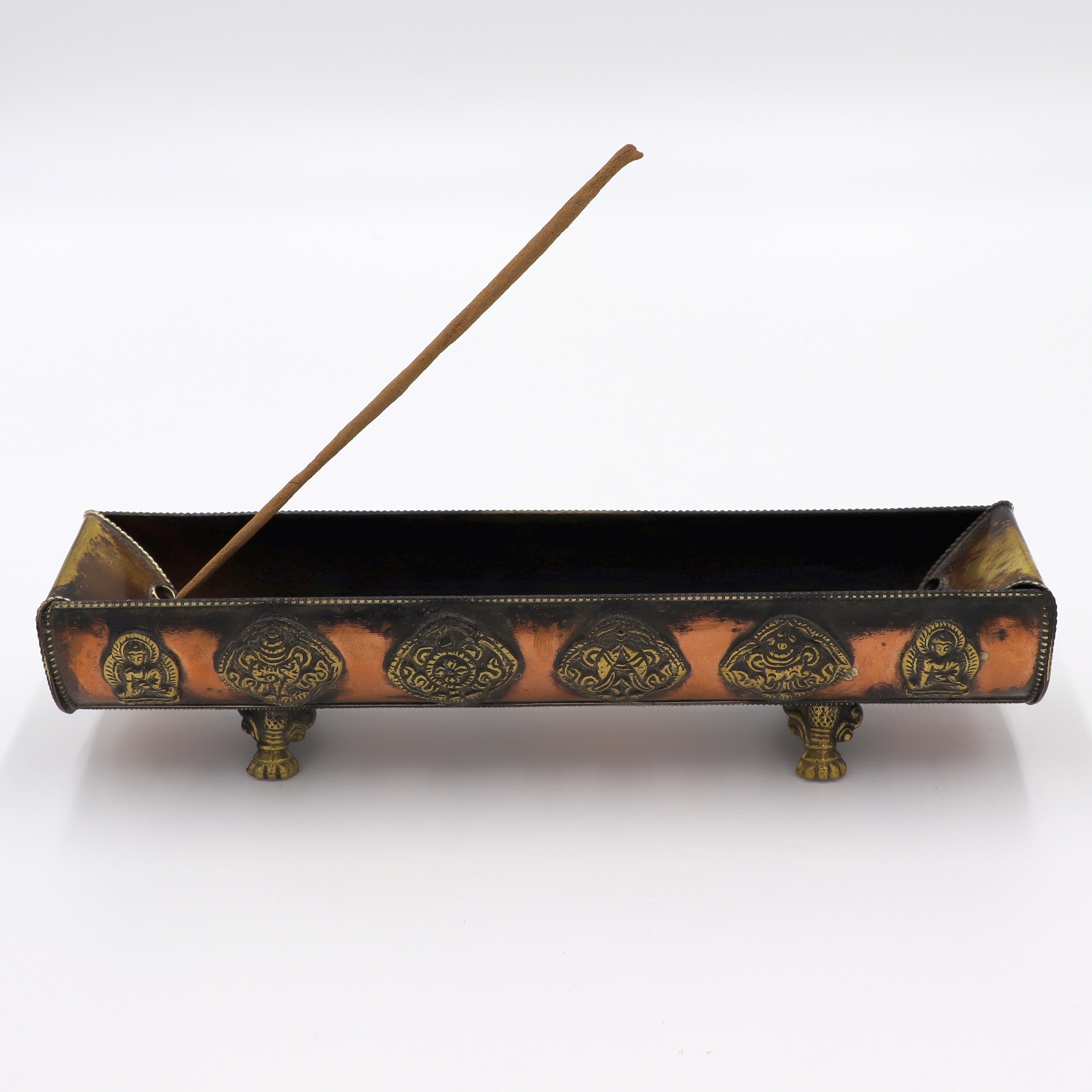 Räucherstäbchenhalter aus Metall, tibetisches Räuchergefäß, Ashtamangala & Buddha, Antik Design