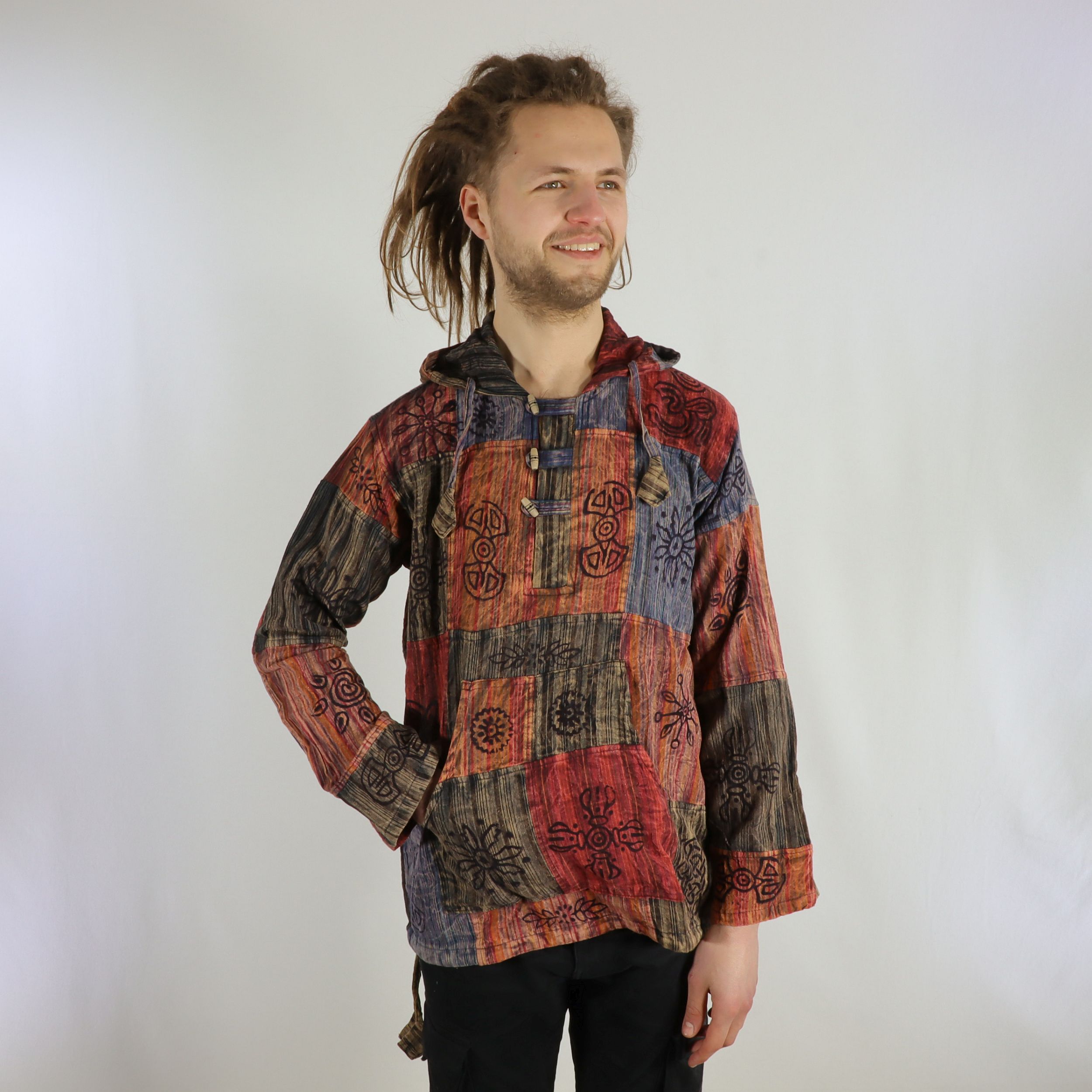 Kangaroo-Hemd - Patchwork Design - 100% Baumwolle - große Tasche und Kaputze - Dein außergewöhnliches Used Look Hemd - Fair gehandelt aus Nepal