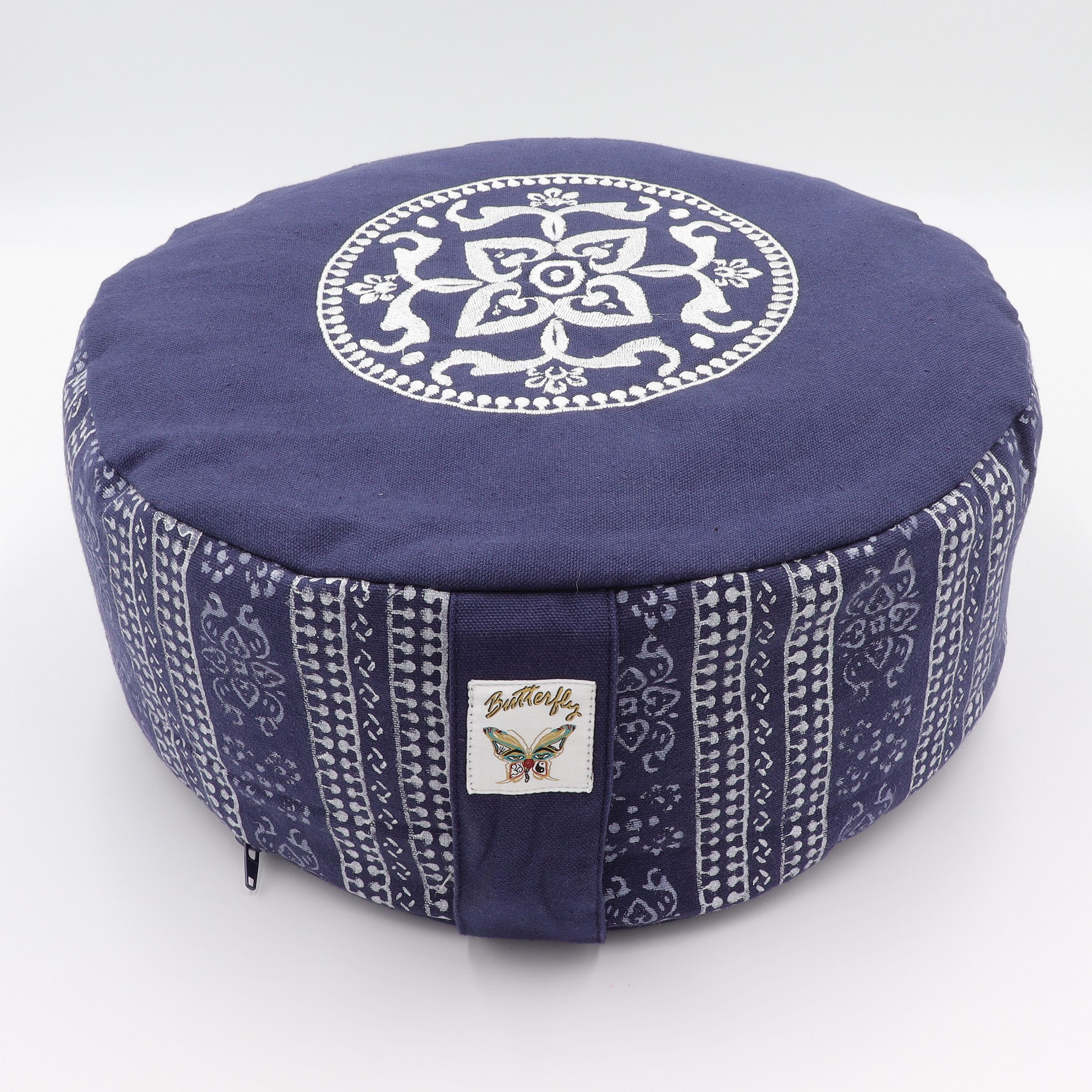 Meditationskissen rund - Mandala Blockdruck - abnehmbarer Bezug aus 100% Baumwolle - Füllung 100% Buchweizenschalen - Dein neues Sitzkissen für Yoga und Meditation - besticktes und bedrucktes Sitzkissen mit Trageschlaufe