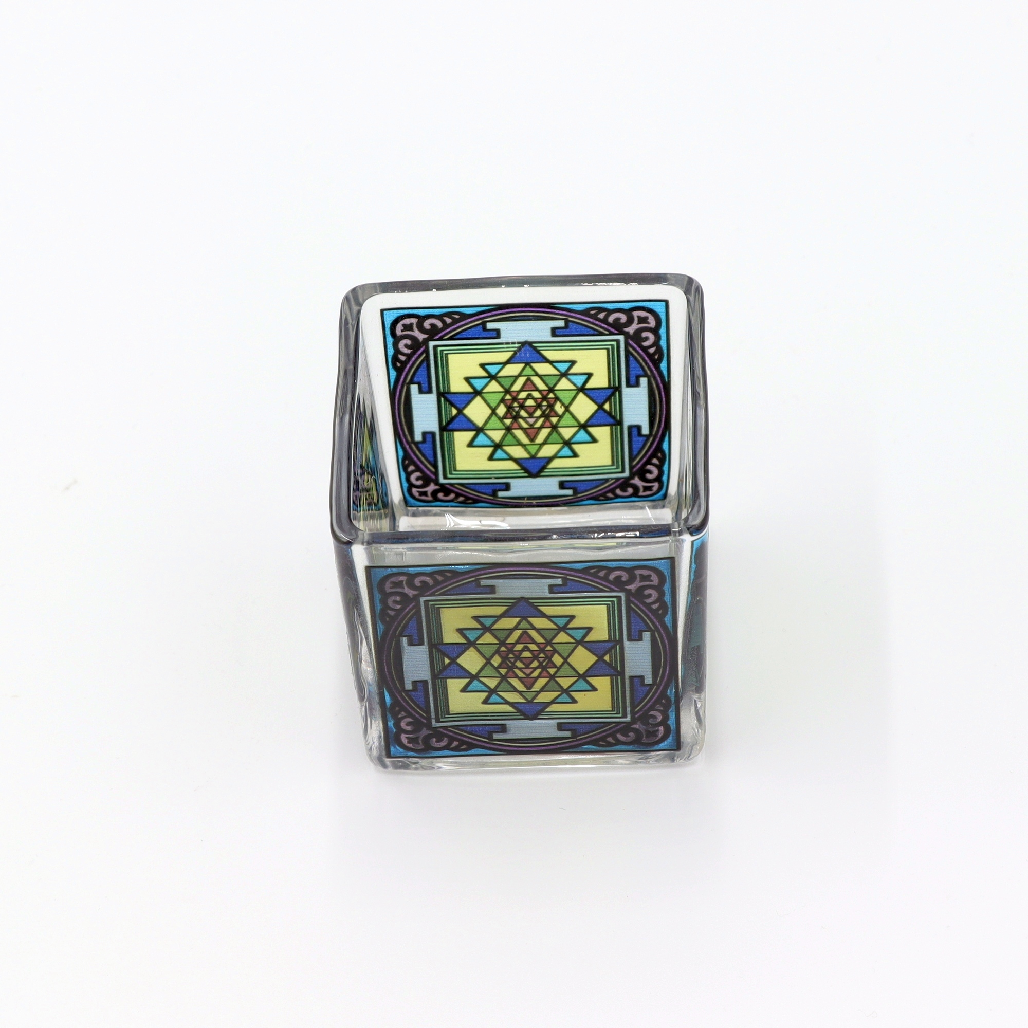 Teelichthalter aus Glas - farbenfroher Licht-Würfel mit mystischem Symbol - Yantra