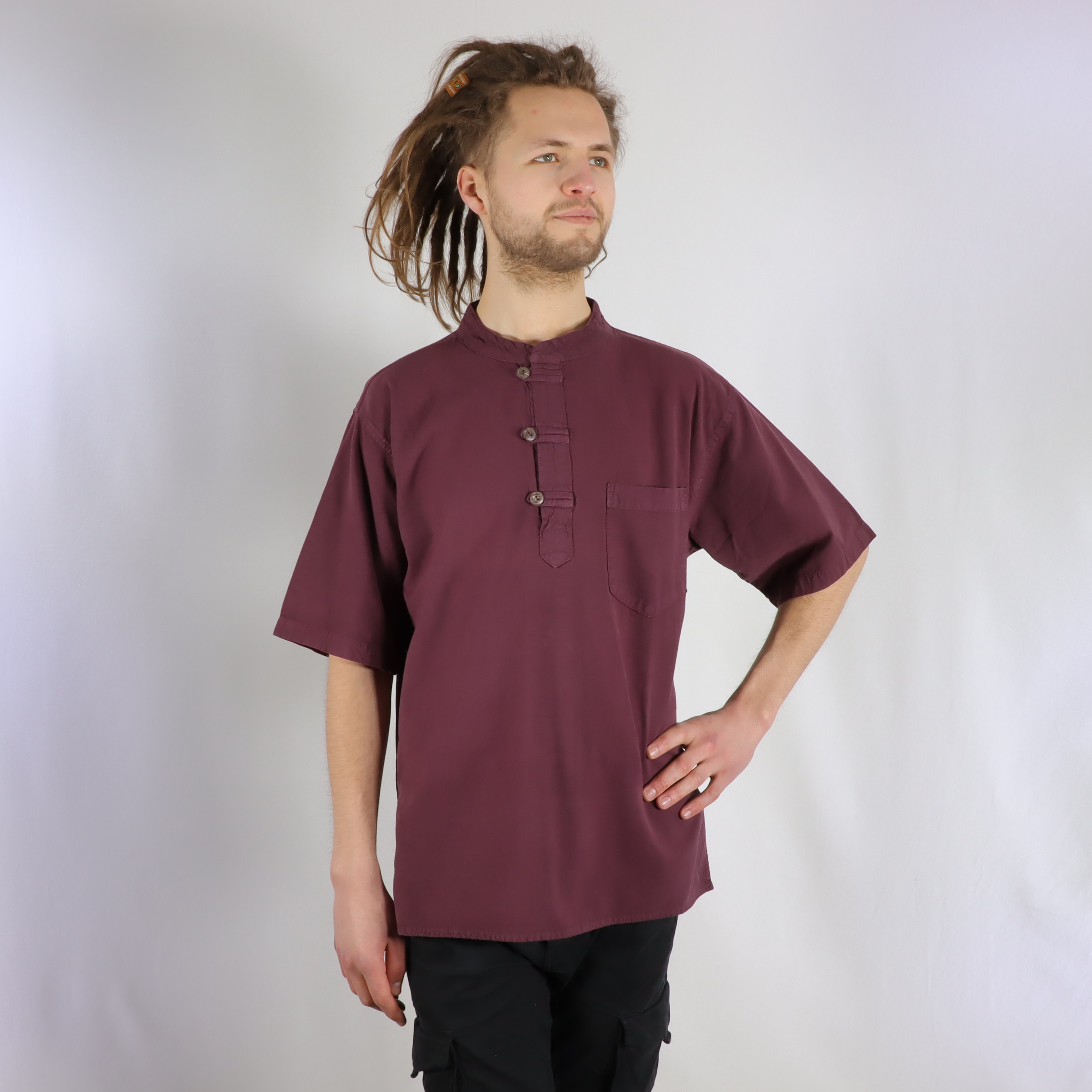 Hemd mit Knöpfen - UniColor - 100% Baumwolle - Kurzarm mit Stehkragen für coole Sommer Tage - chic, lässig und bequem für Freizeit und Alltag - Fair gehandelt aus Nepal