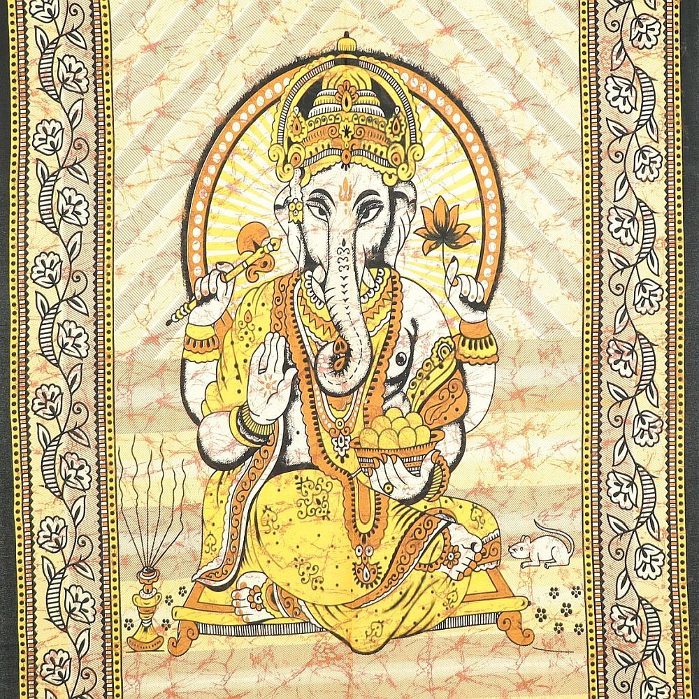 Wandtuch XL 130x210 - Ganesha mit Rahmen, Elefant - detailreicher indischer Druck - mehrfarbig - Gelb - 100% Baumwolle - dekoratives Tuch, Wandbild, Tagesdecke, Bedcover, Vorhang, Picknick, Strand