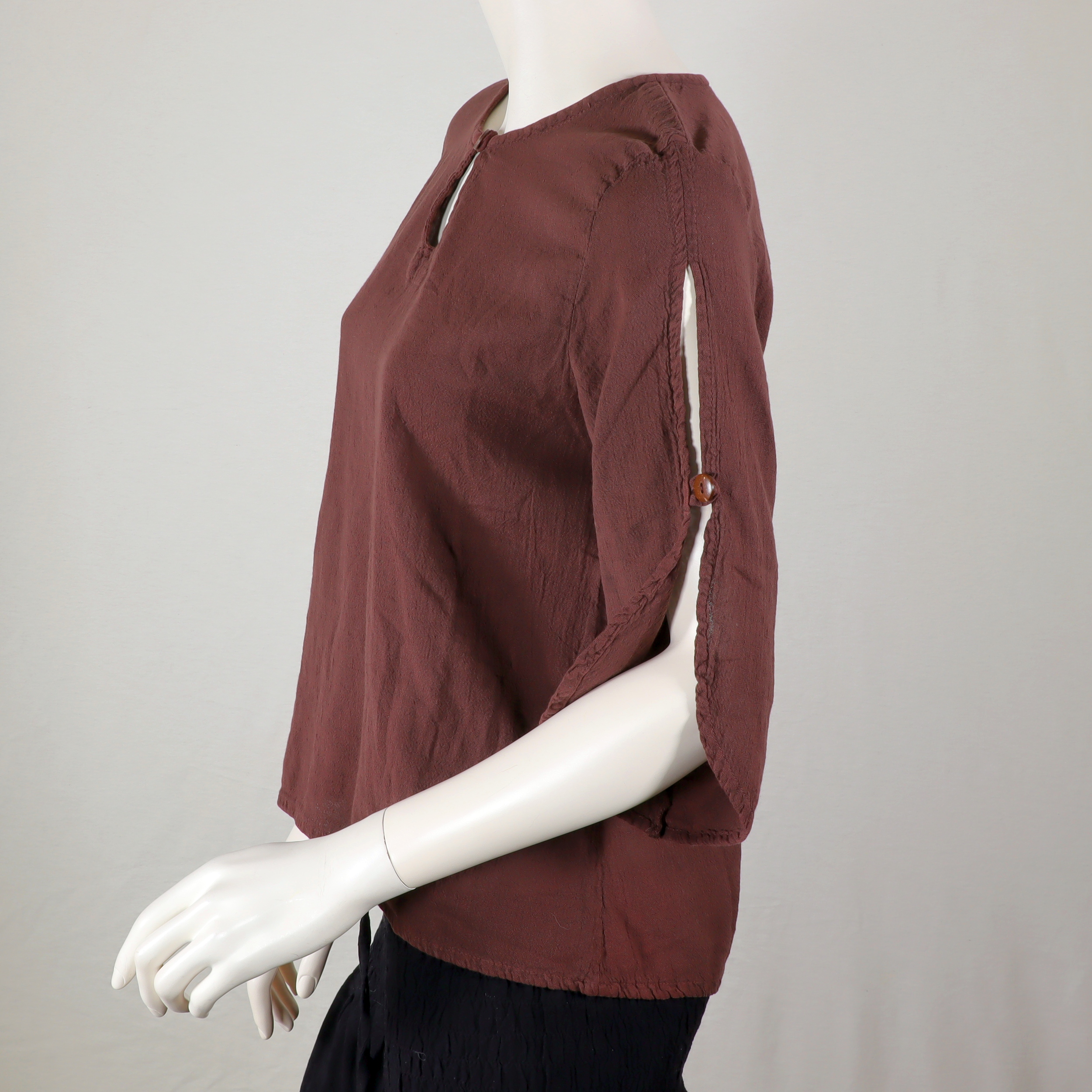 Blusen-Top aus leichter Baumwolle mit luftig, lockeren 3/4-Ärmeln, Knöpfe aus Kokosnuss, luftig, locker und elegant