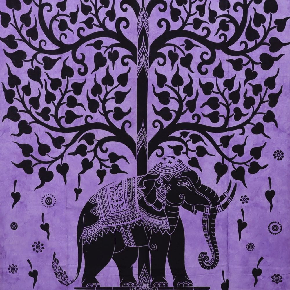 Wandtuch XL 130x210 - Baum und Elefant - detailreicher indischer Druck - zweifarbig - Lila - 100% Baumwolle - dekoratives Tuch, Wandbild, Tagesdecke, Bedcover, Vorhang, Picknick, Strand