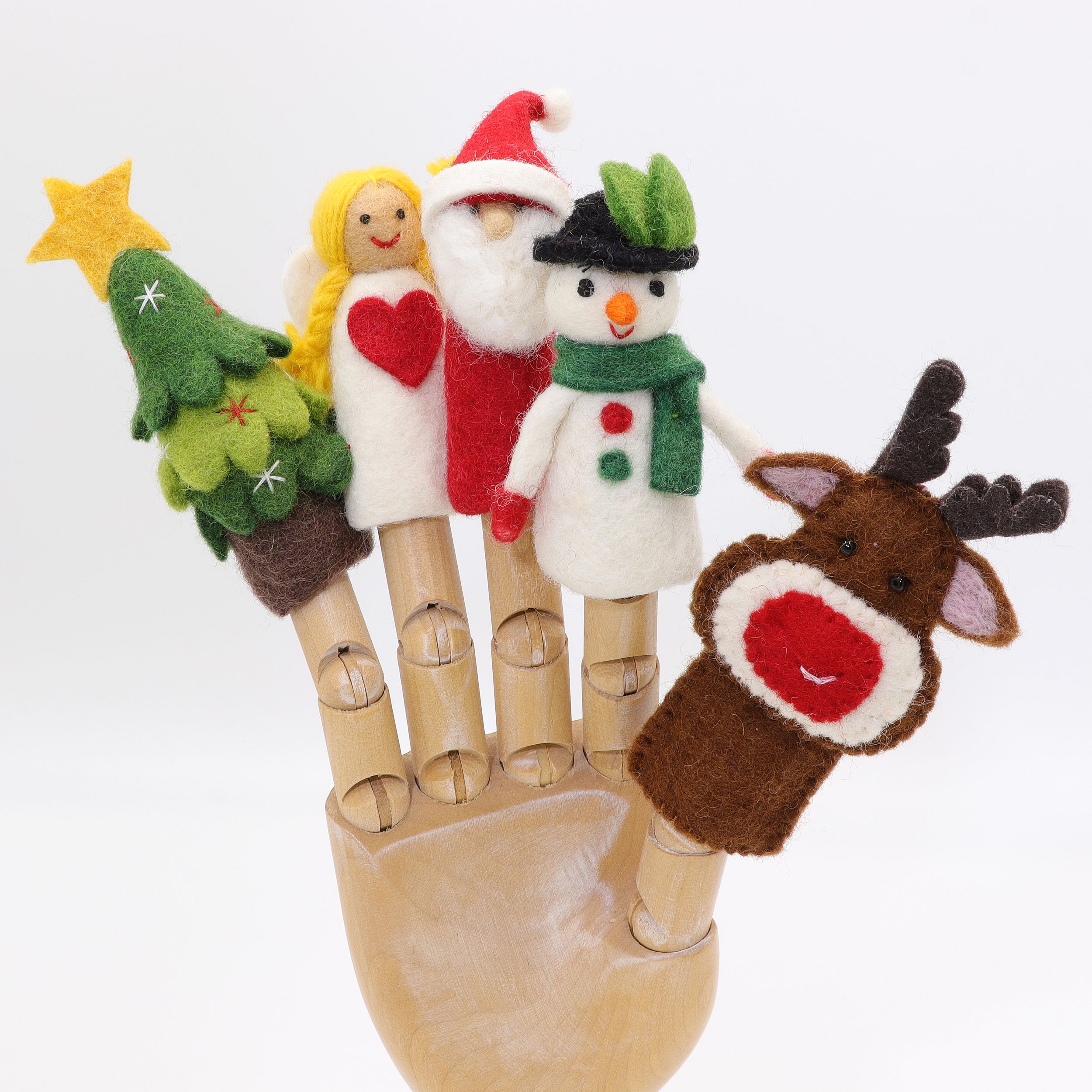Xmas Set - Weihnachtsmann - Fünf Fingerpuppen aus Filz - 100% Wolle - Filzfiguren und Filztiere zum Spielen, Lernen, Fördern, Sammeln - tolle Überraschung für Klein und Groß - echte Handarbeit mit viel Liebe zum Detail - fair gehandelt aus Nepal