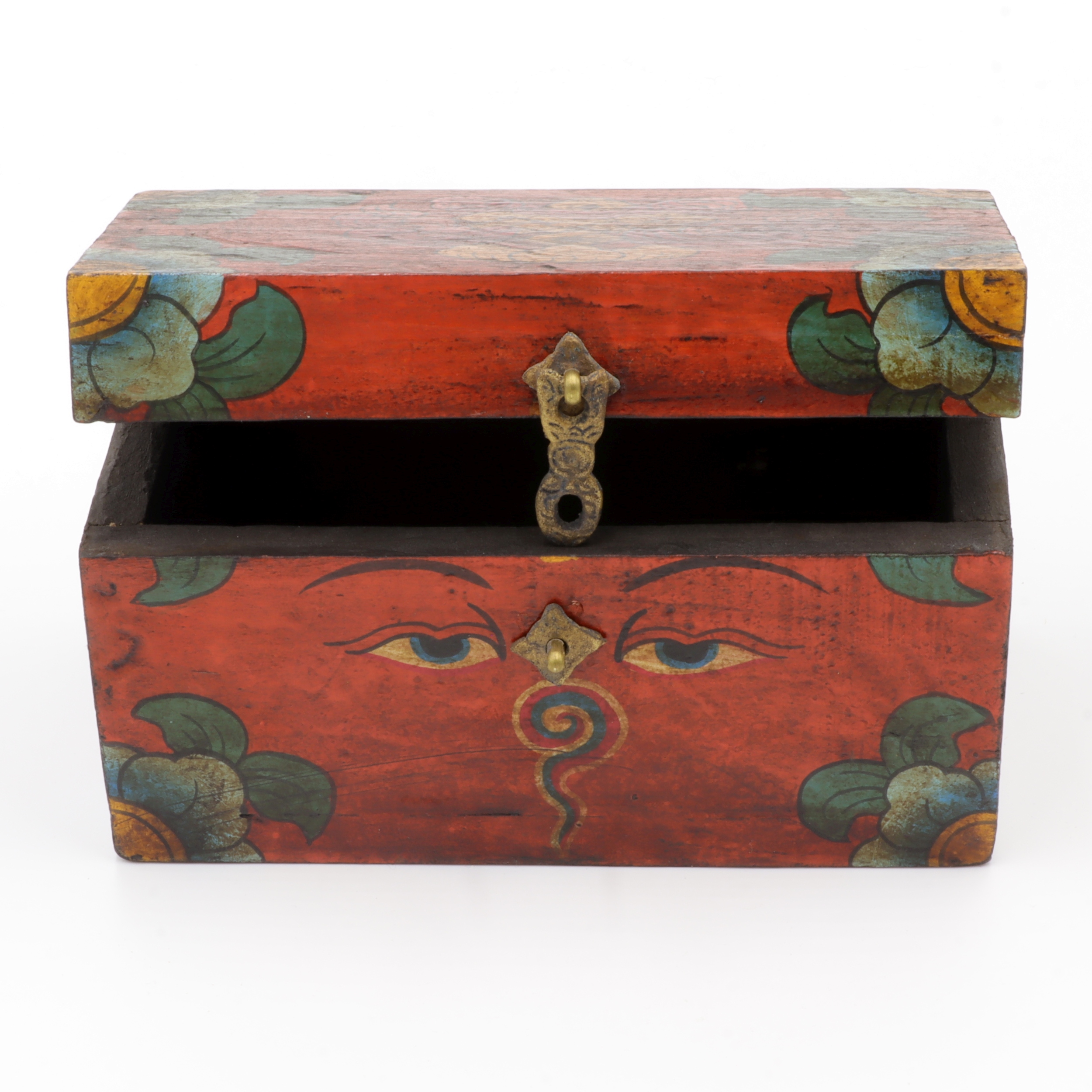 Handbemalte Kiste aus Holz -  Buddha Eyes, Endlosknoten, Ashtamangala - Truhen Design - typisch nepalesiche Farben - fair gehandelt aus Nepal