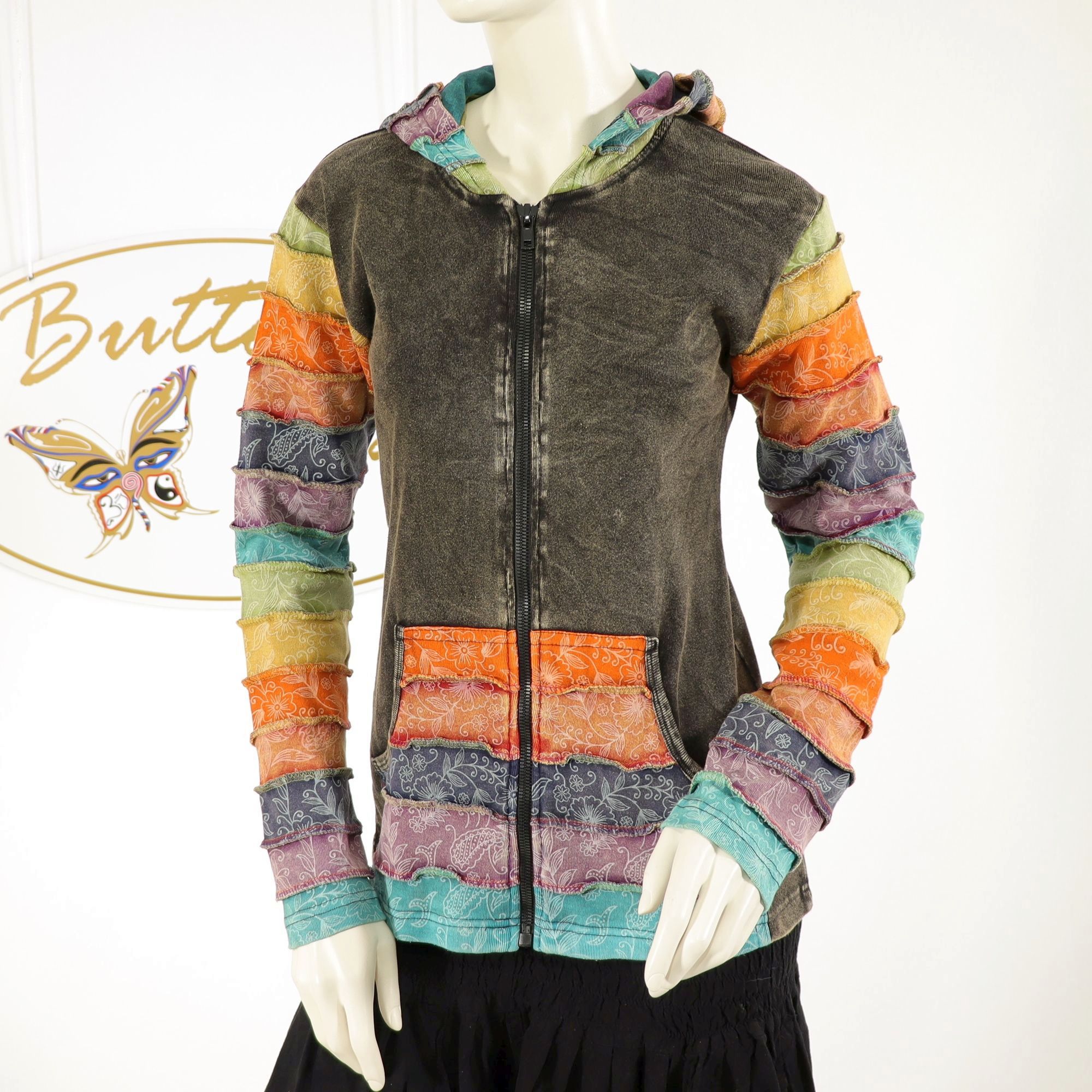 Jacke im Regenbogen Patchwork - 100% Baumwolle - mit Kapuze - im Stonewash Used-Look Design - mit Blumen Druck - Deine farbenfrohe Herbsjacke - Fair gehandelt aus Nepal