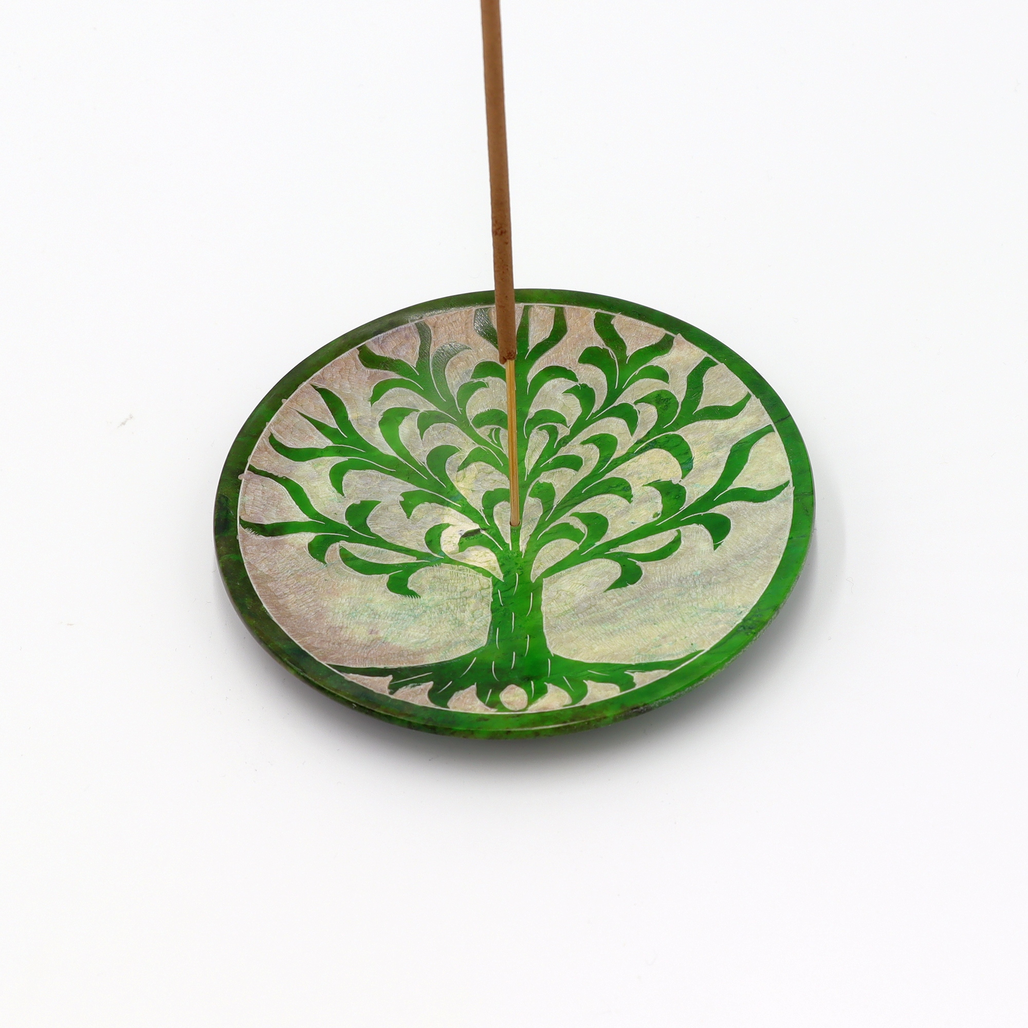 Räucherstäbchenhalter aus Speckstein Scheibe Baum des Lebens Grün front