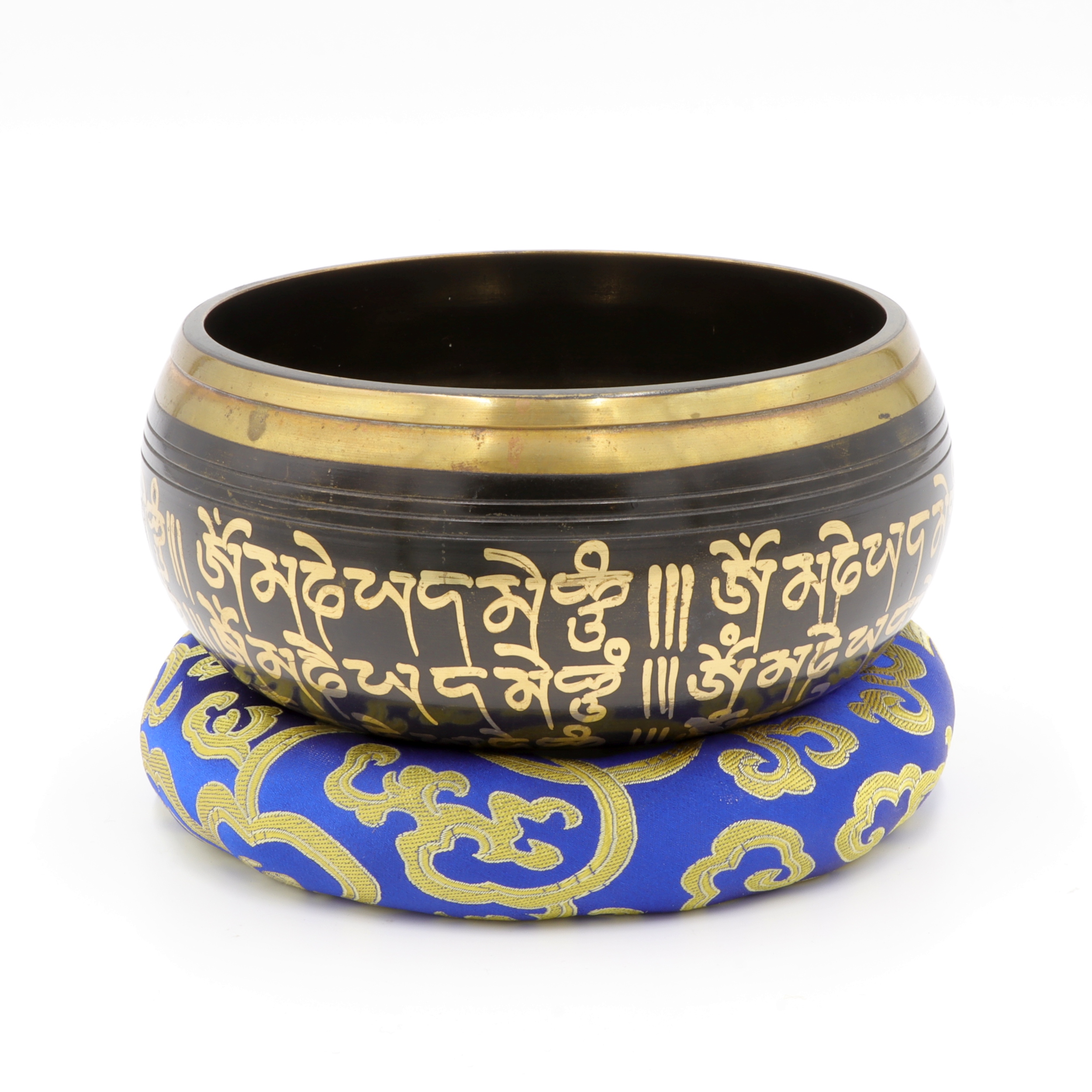 Tibetische Klangschale - handgegossen - ca. 1.079 g - Ø ca. 16 cm - Old Antik-Design, Fünf Buddhas, Om Mani Padme Uhm - fair gehandelt aus Nepal