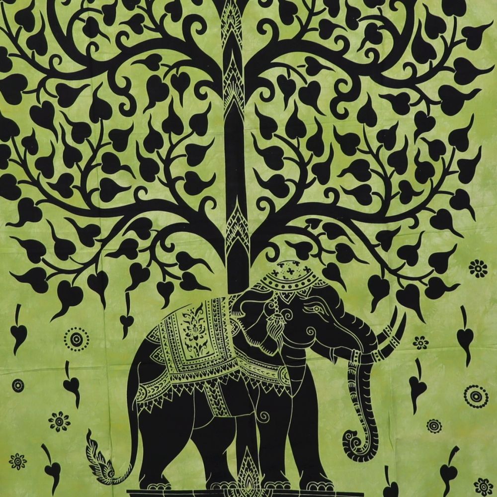 Wandtuch XL 130x210 - Baum und Elefant - detailreicher indischer Druck - zweifarbig - Grün - 100% Baumwolle - dekoratives Tuch, Wandbild, Tagesdecke, Bedcover, Vorhang, Picknick, Strand