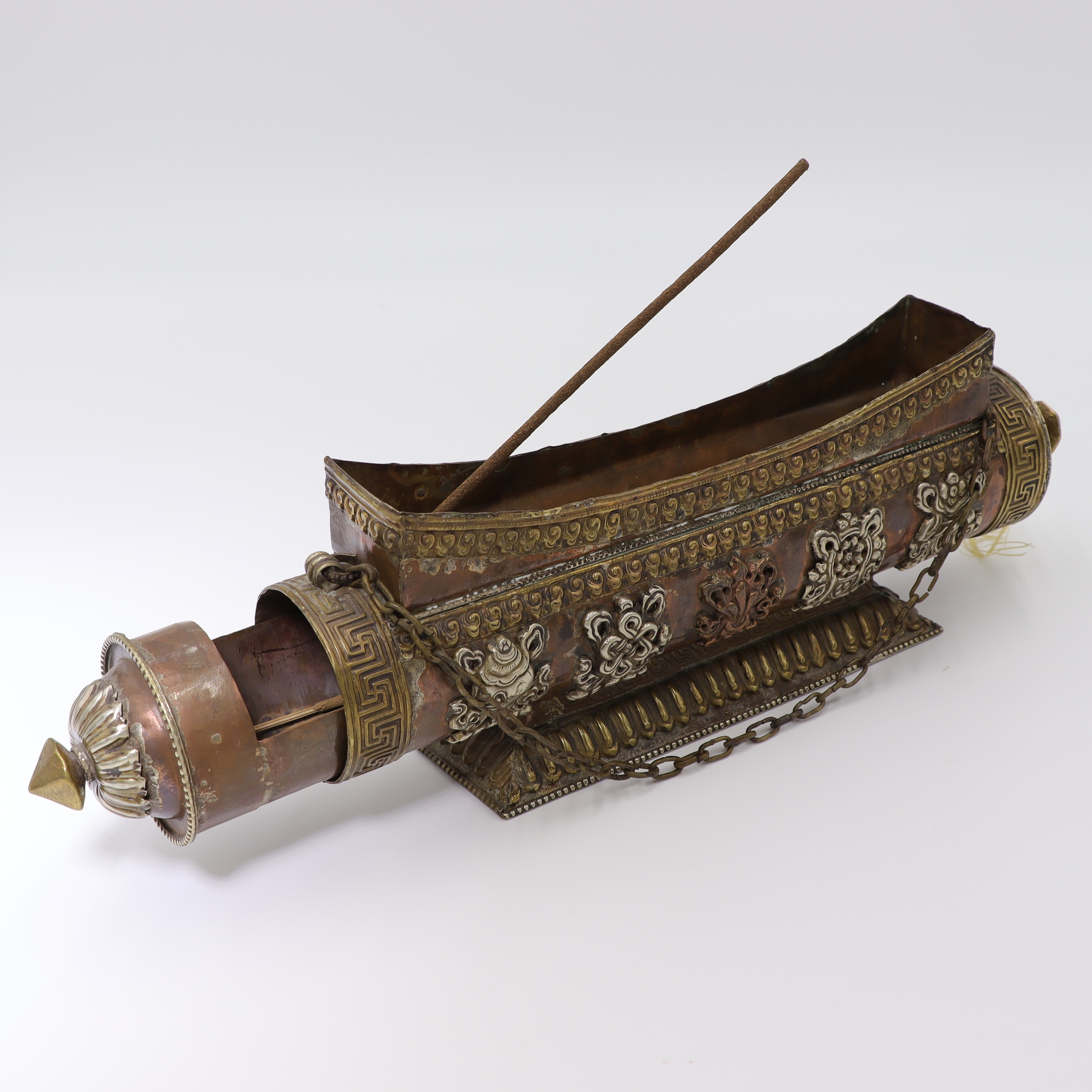 Räucherstäbchenhalter aus Metall, tibetisches Räuchergefäß mit Fach, Ashtamangala, Antik Design