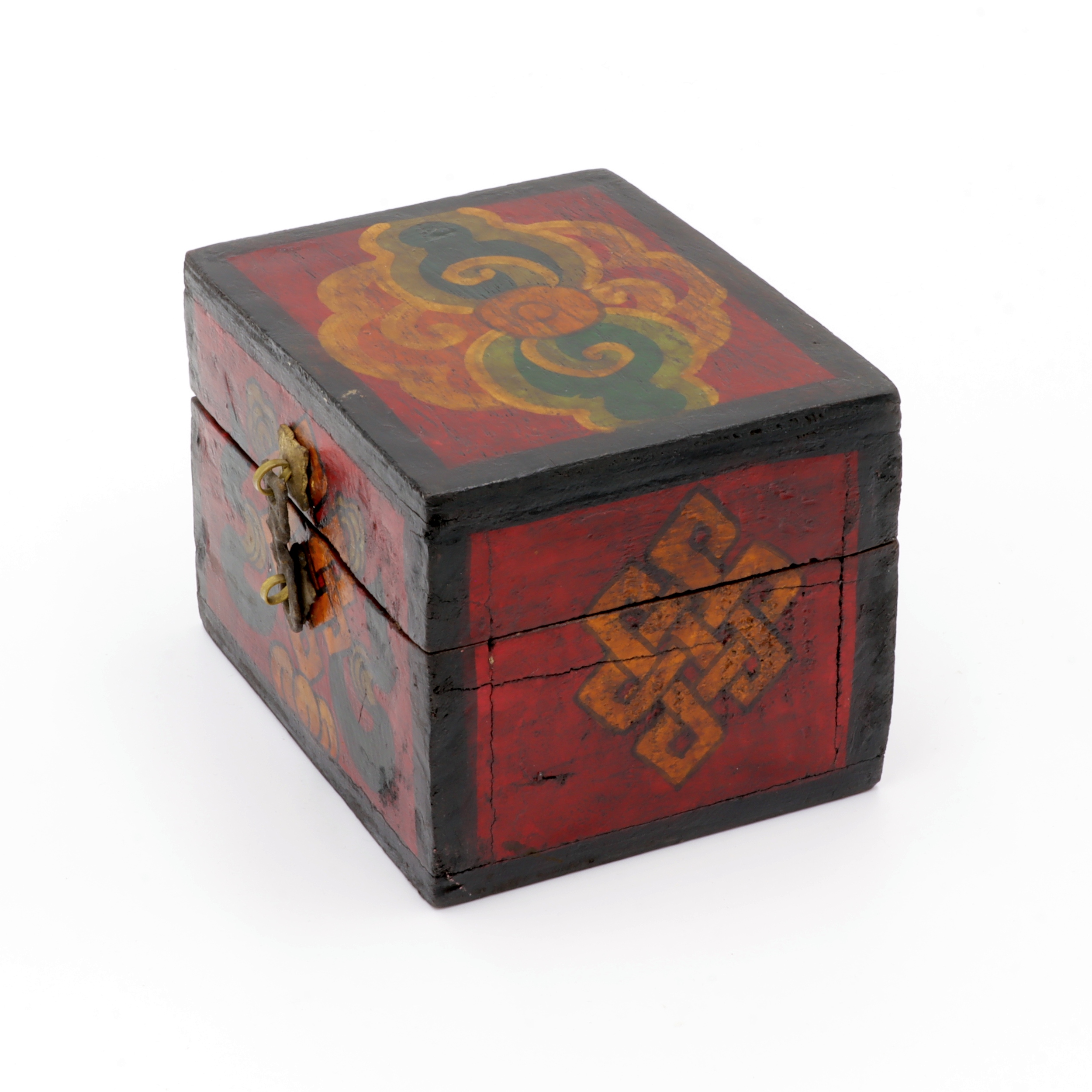 Handbemalte Kiste aus Holz - Endlosknoten - Truhen Design - typisch nepalesiche Farben - dunkel - fair gehandelt aus Nepal