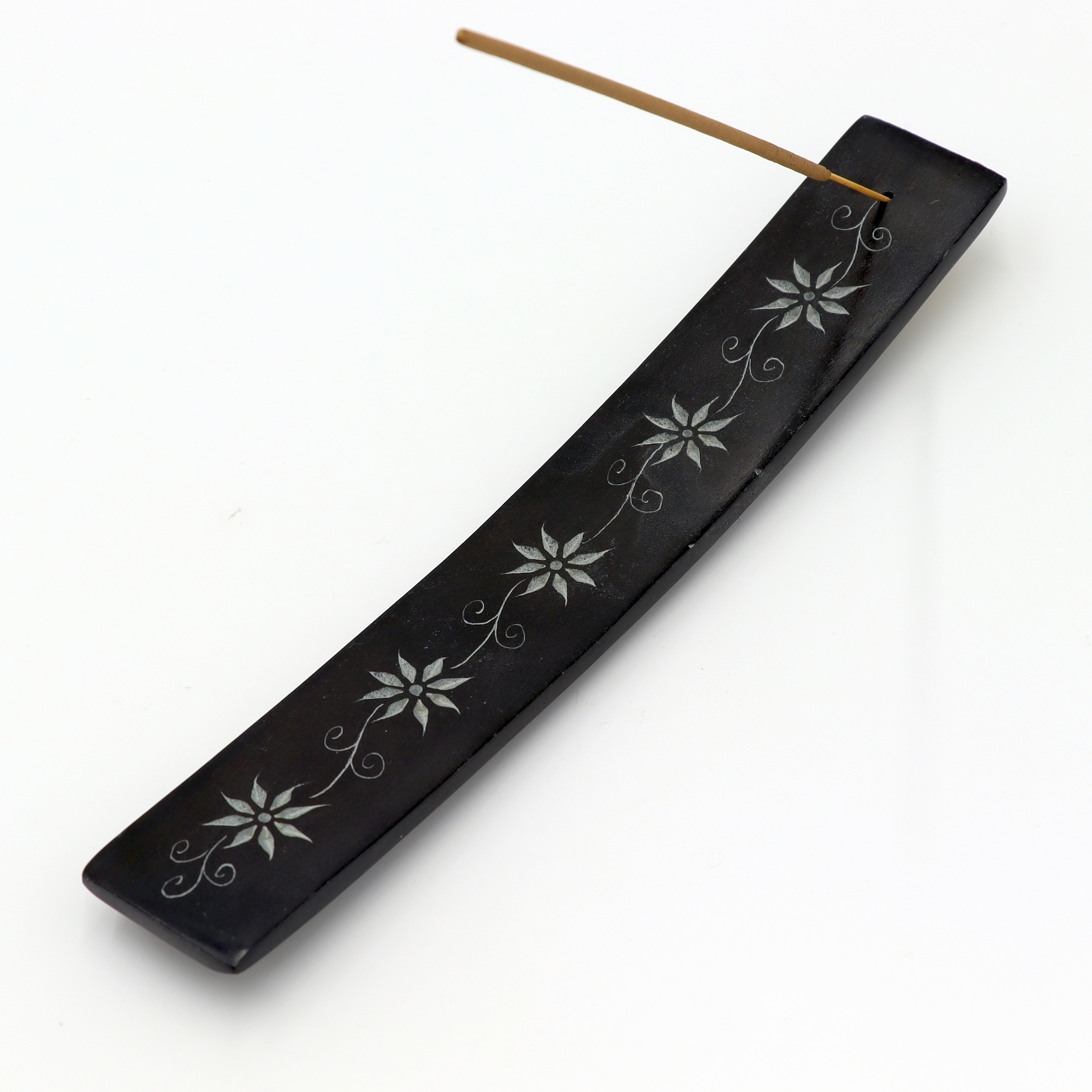 Räucherstäbchenhalter aus Speckstein Schiffchen Blumen Schwarz