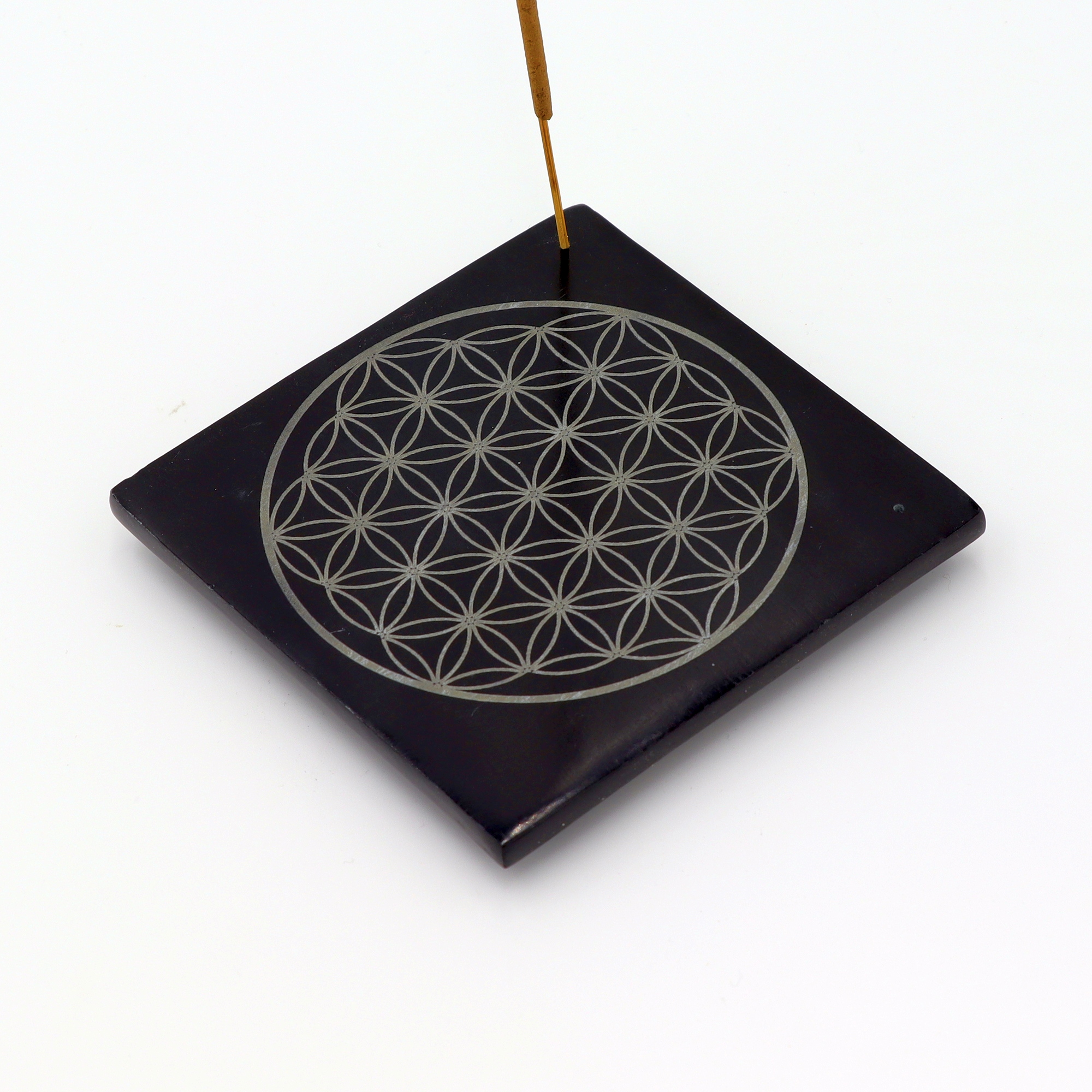 Räucherstäbchenhalter aus Speckstein Quadratform Blume des Lebens Schwarz