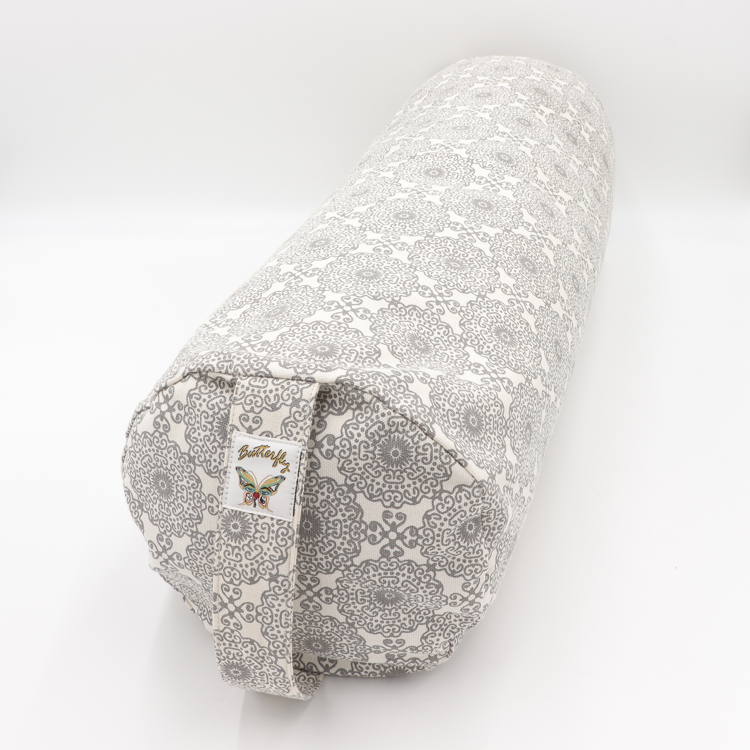 Meditationskissen Zylinder - Blockdruck Weiß & Grau - bedrucktes Sitzkissen als Bolster mit Trageschlaufe - Bezug 100% Baumwolle - Füllung 100% Buchweizenschalen