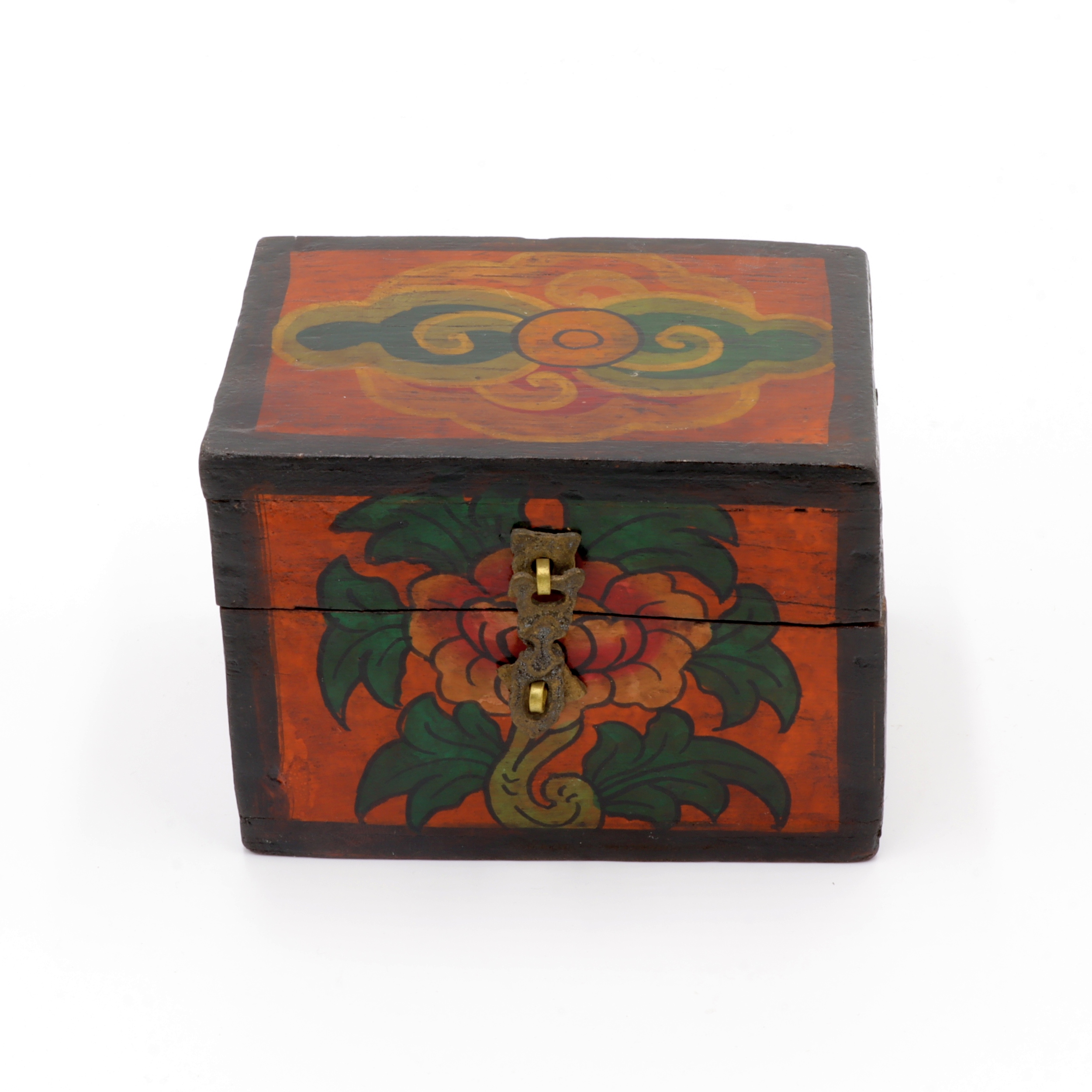 Handbemalte Kiste aus Holz - Lotus, Endlosknoten - Truhen Design - typisch nepalesiche Farben - dunkel - fair gehandelt aus Nepal