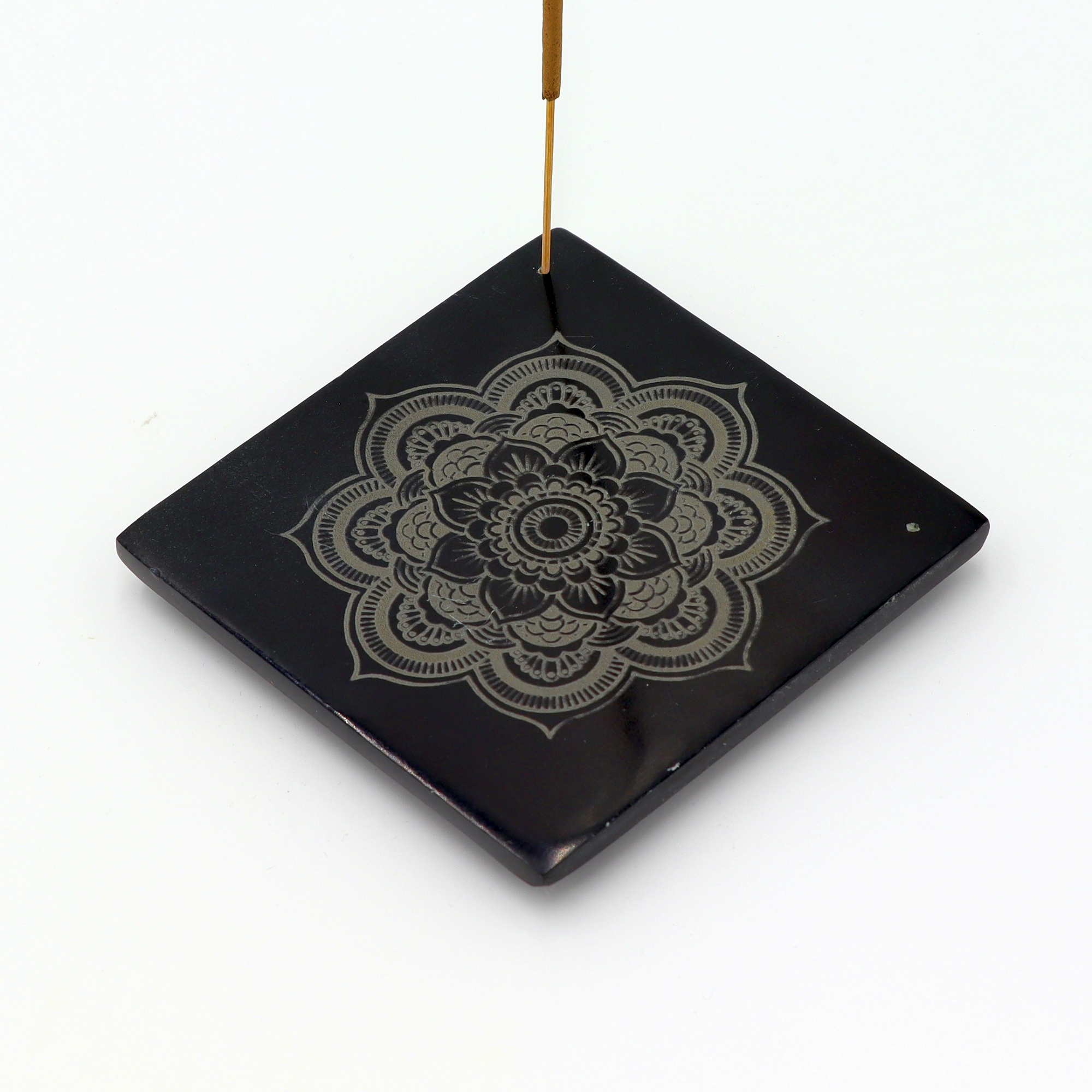 Räucherstäbchenhalter aus Speckstein Quadratform Lotus Schwarz