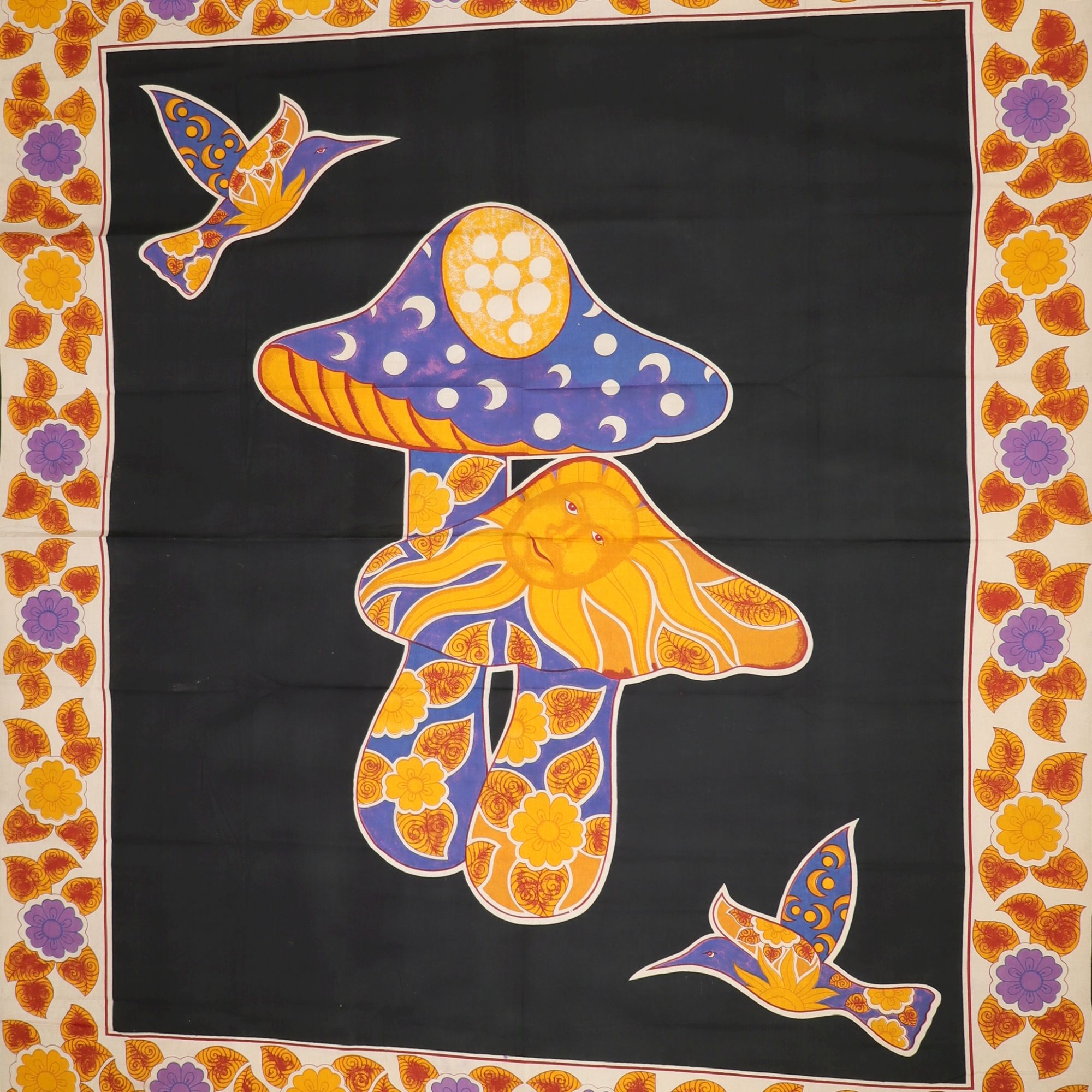 Wandtuch XXL 210x230 - Pilze und Vögel - 100% Baumwolle - detailreicher indischer Druck - mehrfarbig - dekoratives Tuch, Wandbild, Tagesdecke, Bedcover, Vorhang, Picknick-Decke, Strandtuch