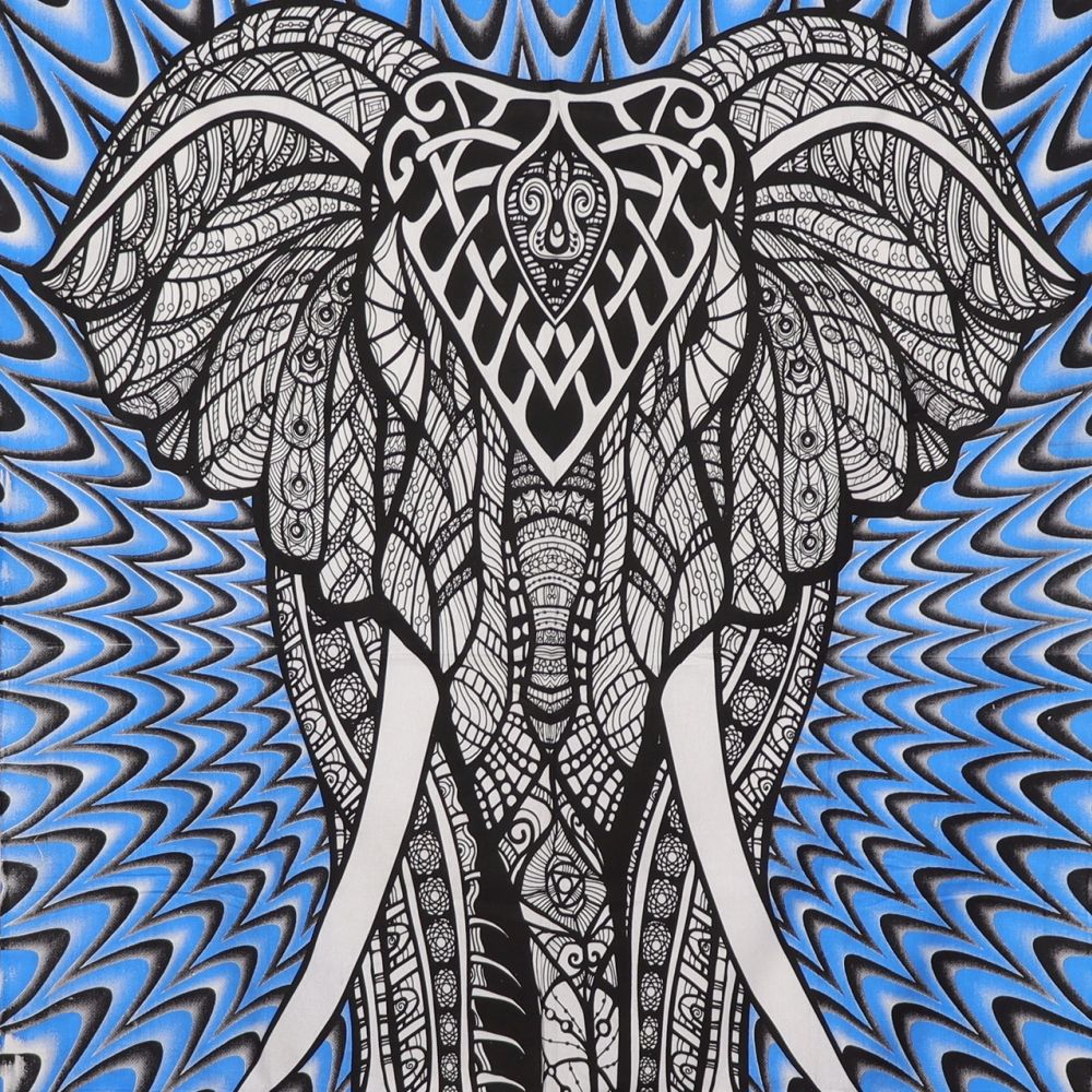 Wandtuch XL 130x210 - Elefant mit Stoßzahn - detailreicher indischer Druck - mehrfarbig - Blau - 100% Baumwolle - dekoratives Tuch, Wandbild, Tagesdecke, Bedcover, Vorhang, Picknick, Strand