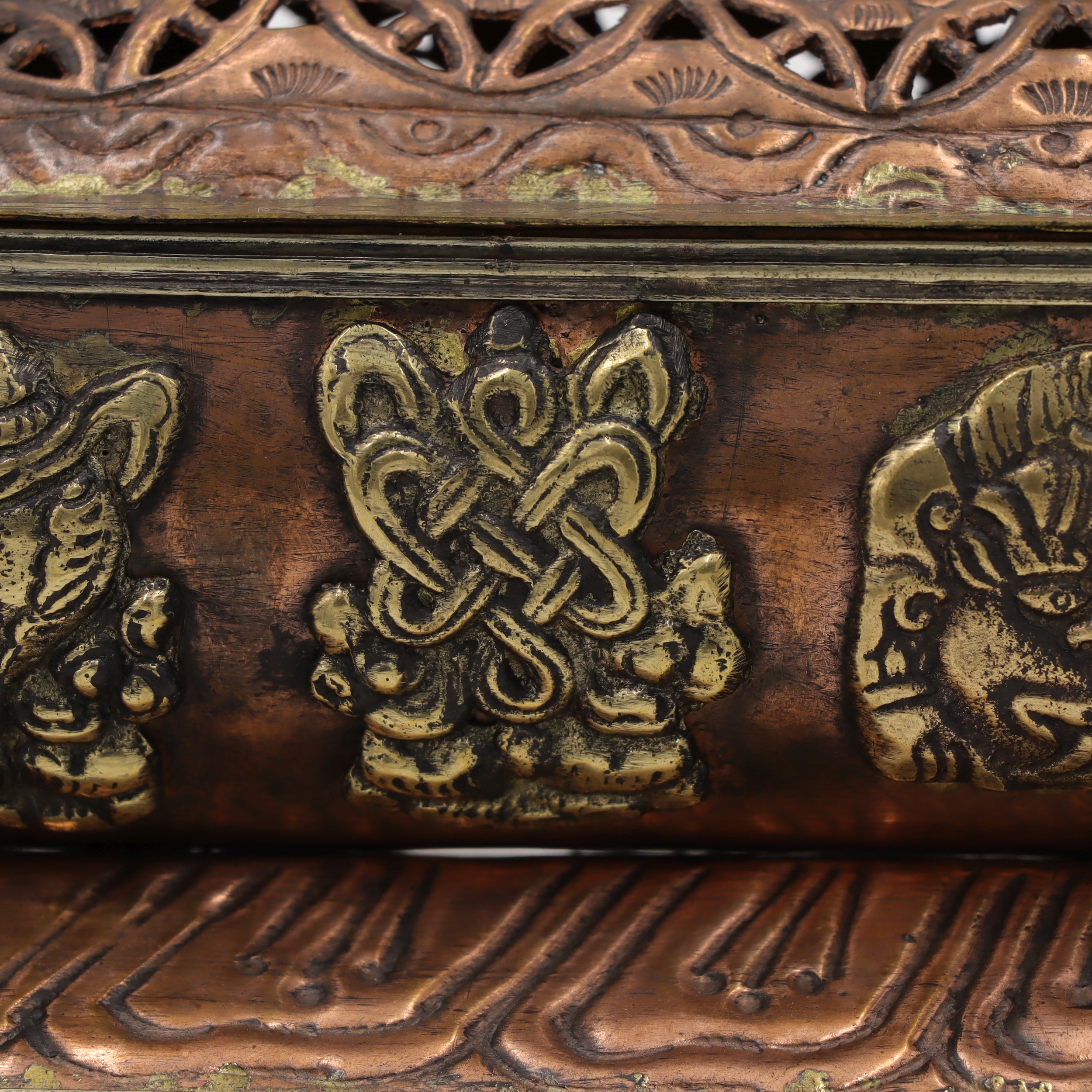 Räucherstäbchenhalter aus Metall, tibetisches Räuchergefäß mit Deckel & Gebetsmühle, Ashtamangala & Om Mani Padme Uhm, Antik Design, XXL