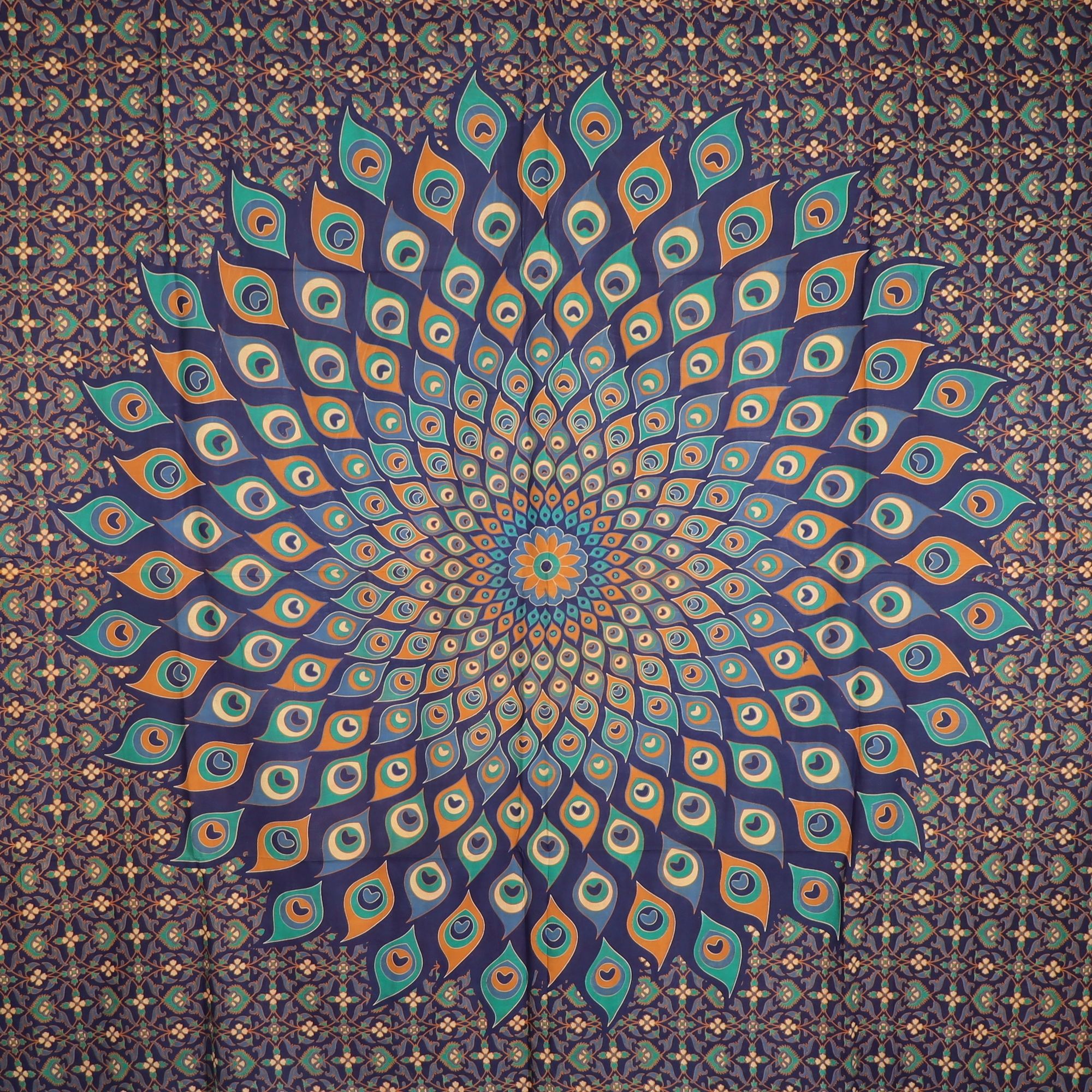 Wandtuch XXL 210x230 - Mandala Lotus Pfau - 100% Baumwolle - detailreicher indischer Druck - mehrfarbig - dekoratives Tuch, Wandbild, Tagesdecke, Bedcover, Vorhang, Picknick-Decke, Strandtuch