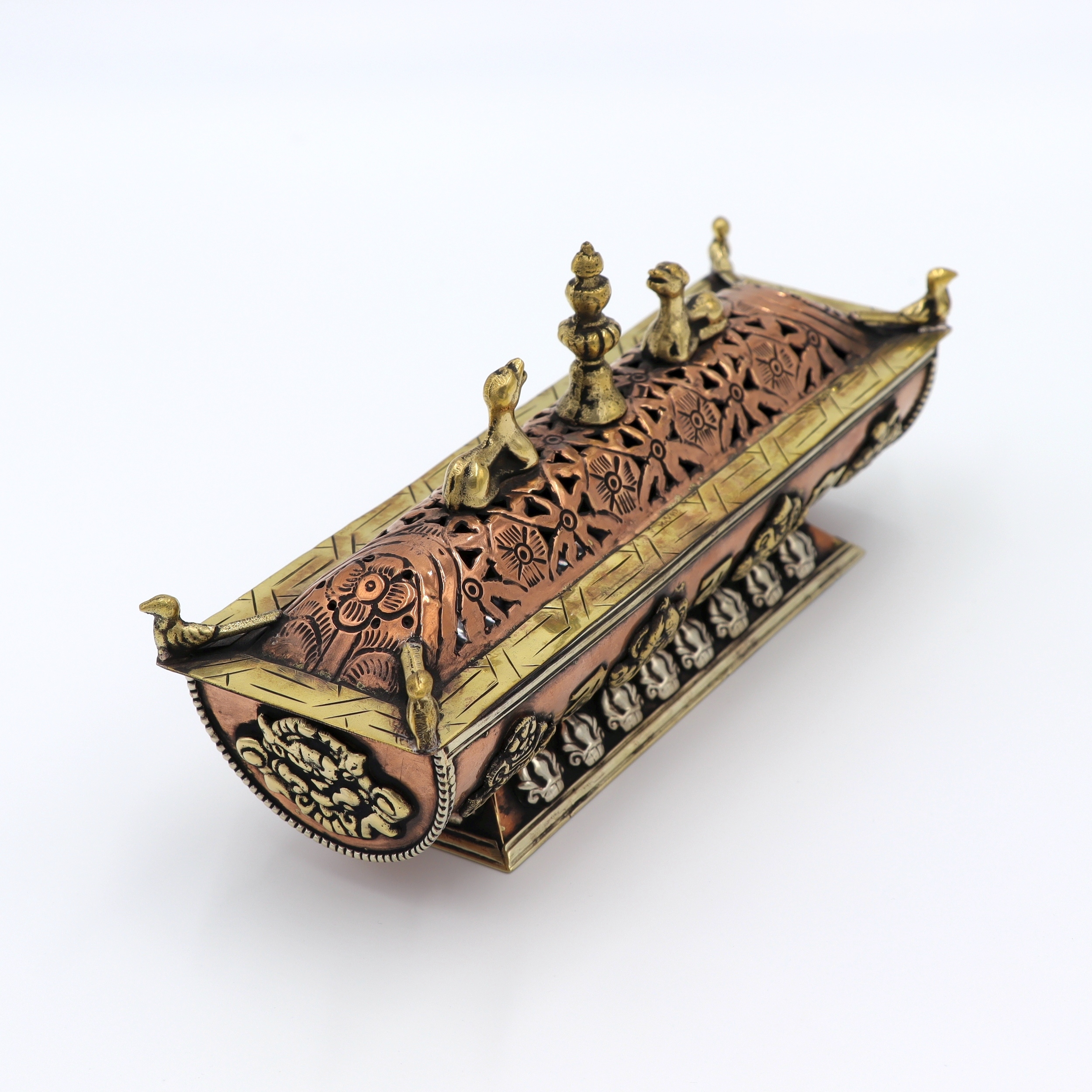 Räucherstäbchenhalter aus Metall, tibetisches Räuchergefäß mit Deckel, Ashtamangala & Om Mani Padme Uhm, Antik Design