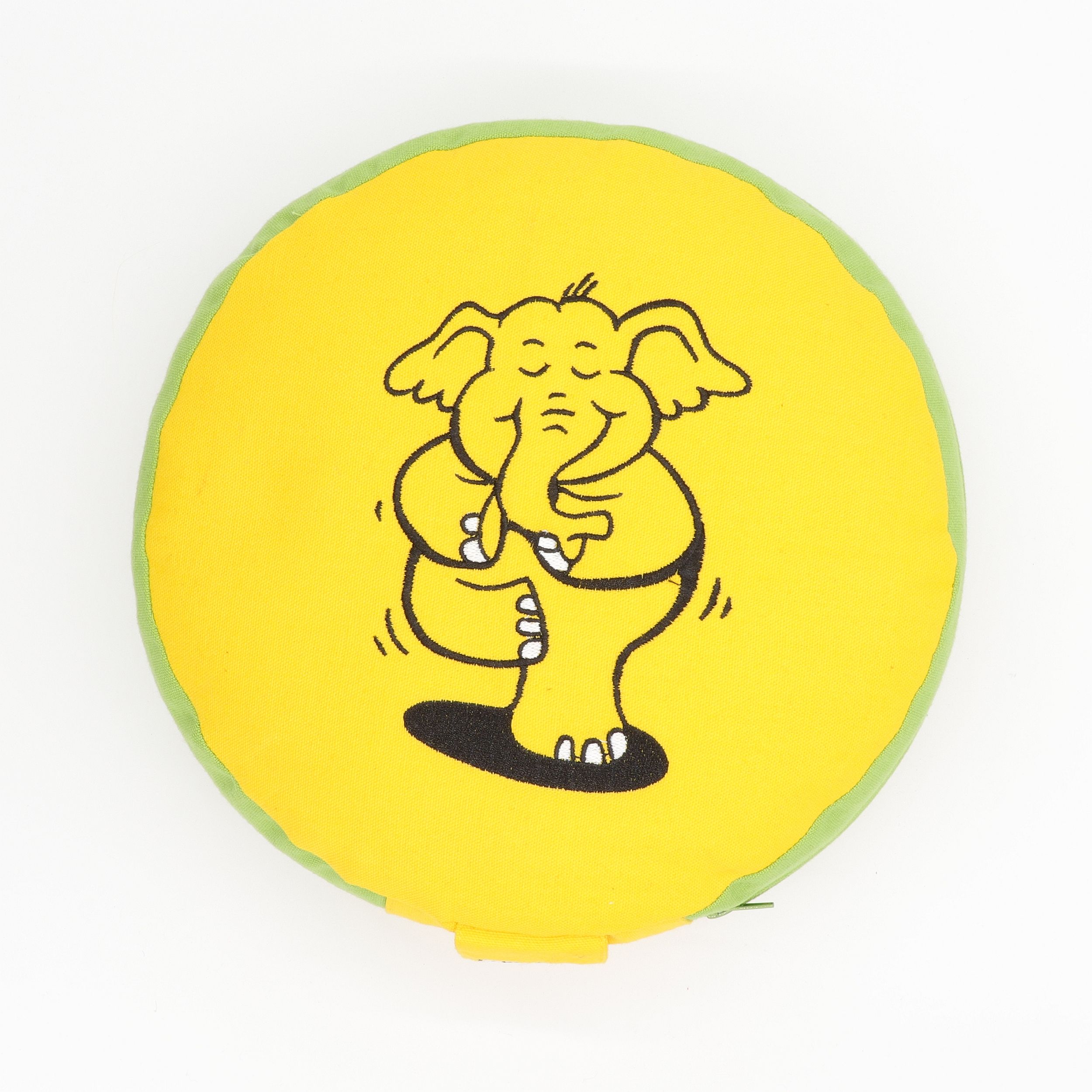 Meditationskissen rund - Yoga Elefant - abnehmbarer Bezug aus 100% Baumwolle - Füllung 100% Buchweizenschalen - Dein neues Sitzkissen für Kinder-Yoga und Meditation - besticktes Sitzkissen mit Trageschlaufe
