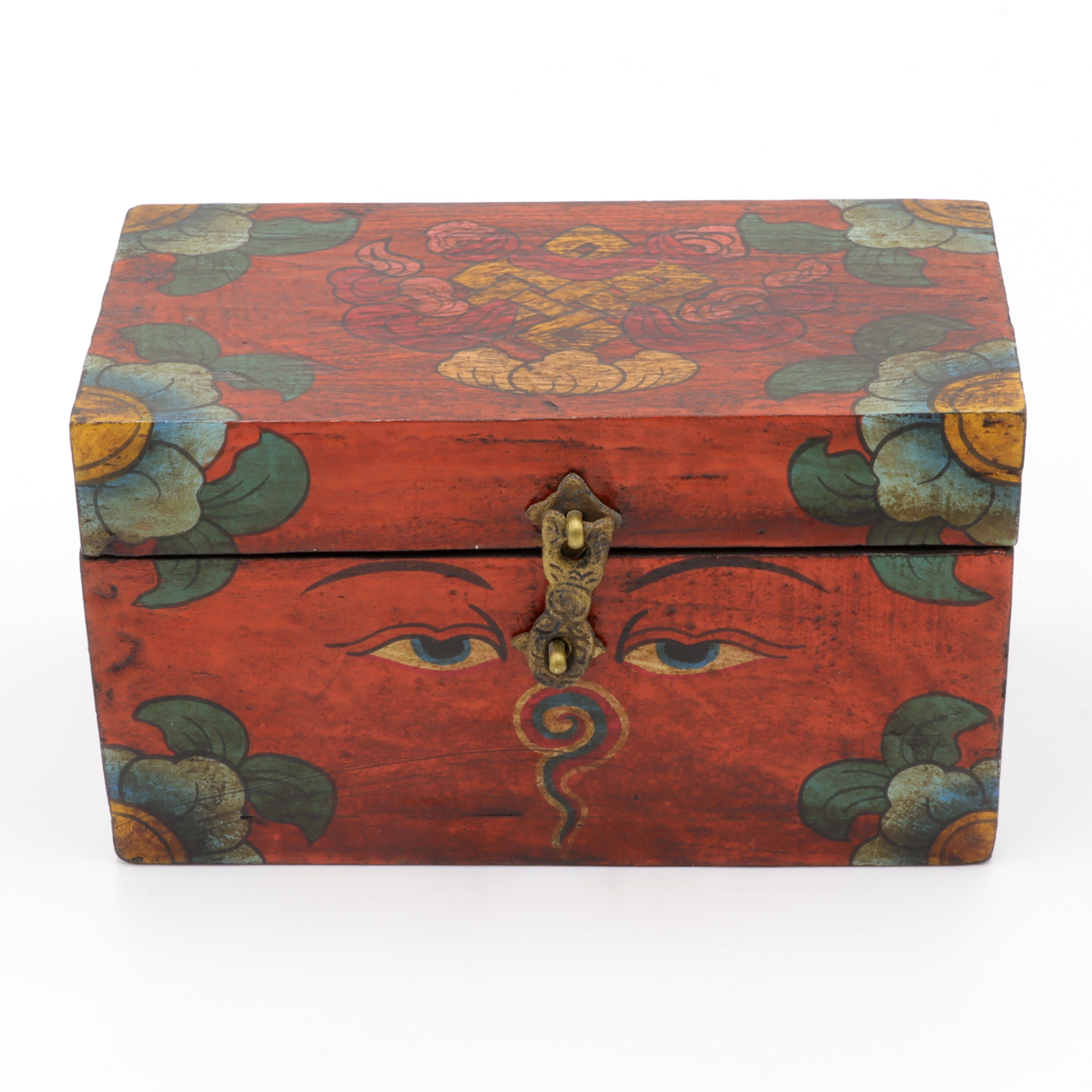 Handbemalte Kiste aus Holz -  Buddha Eyes, Endlosknoten, Ashtamangala - Truhen Design - typisch nepalesiche Farben - fair gehandelt aus Nepal