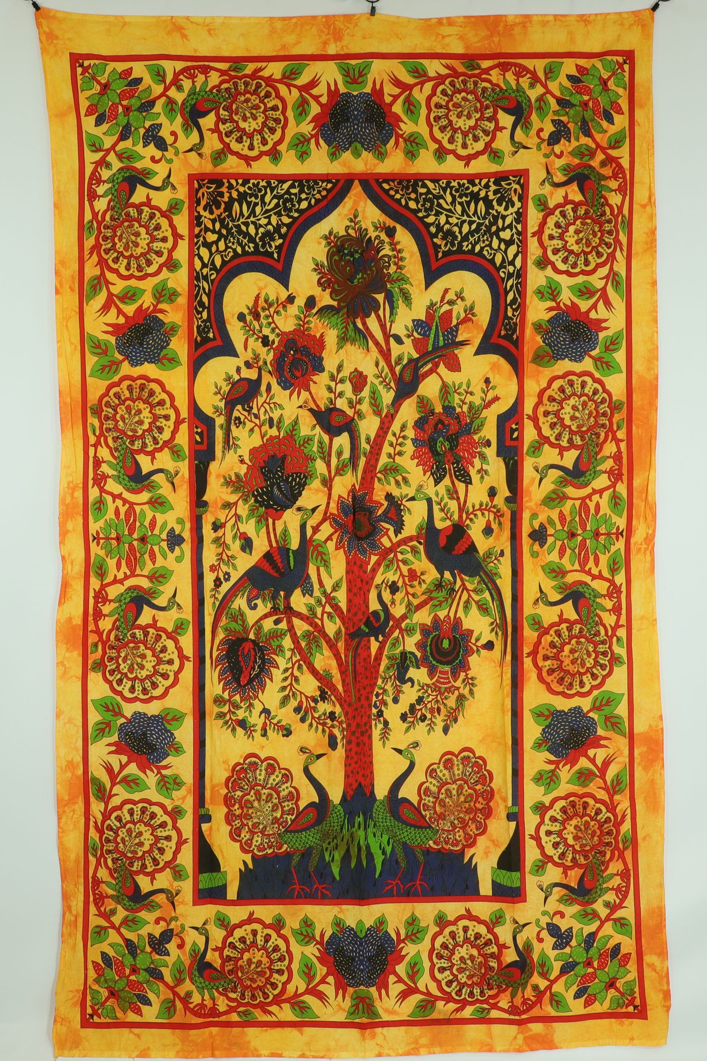 Wandtuch XL 130x210 - Tierreich - Baum mit Tieren - 100% Baumwolle - detailreicher indischer Druck - zweifarbig - Batik - dekoratives Tuch, Wandbild, Tagesdecke, Bedcover, Vorhang, Picknick-Decke, Strandtuch