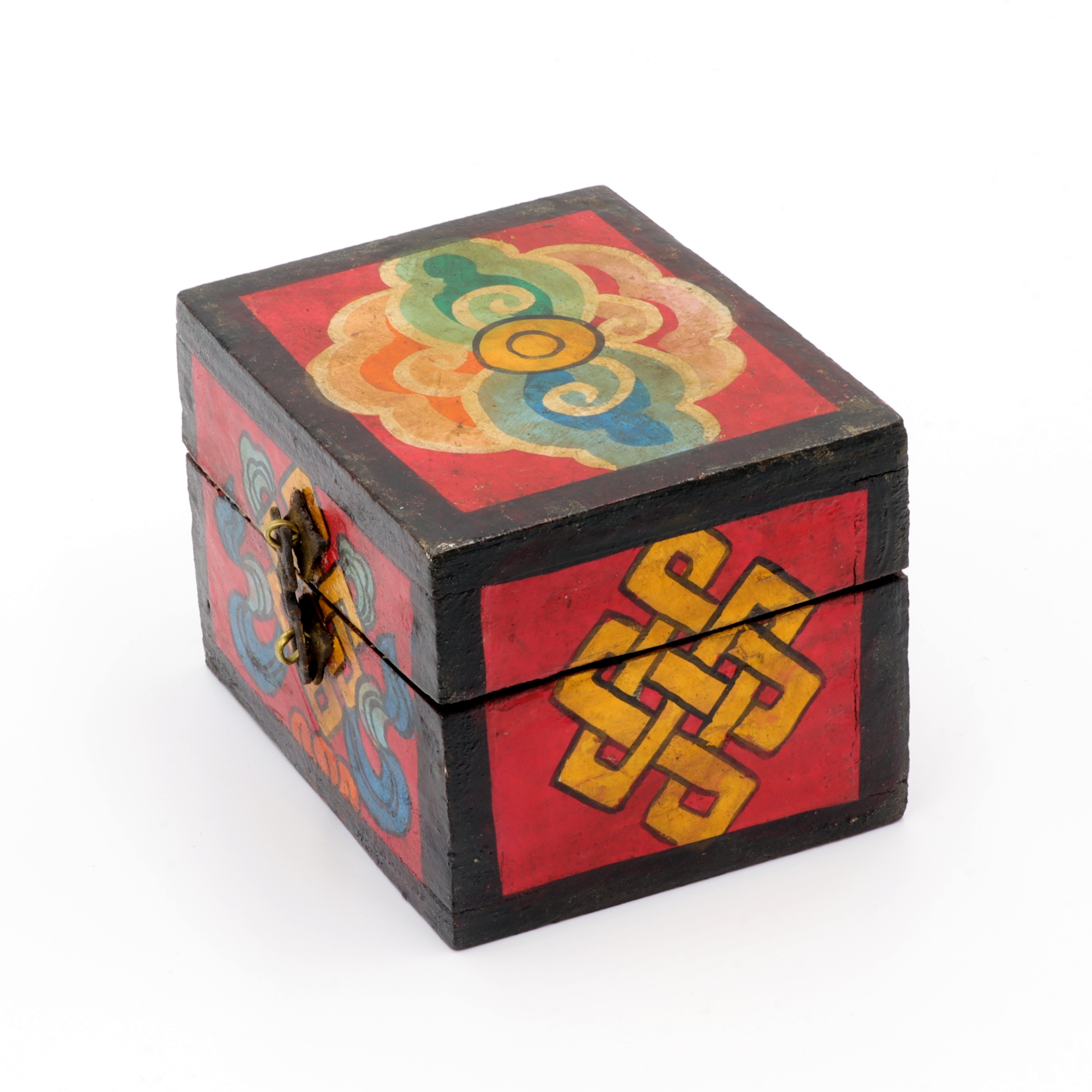 Handbemalte Kiste aus Holz - Endlosknoten - Truhen Design - typisch nepalesiche Farben - hell - fair gehandelt aus Nepal