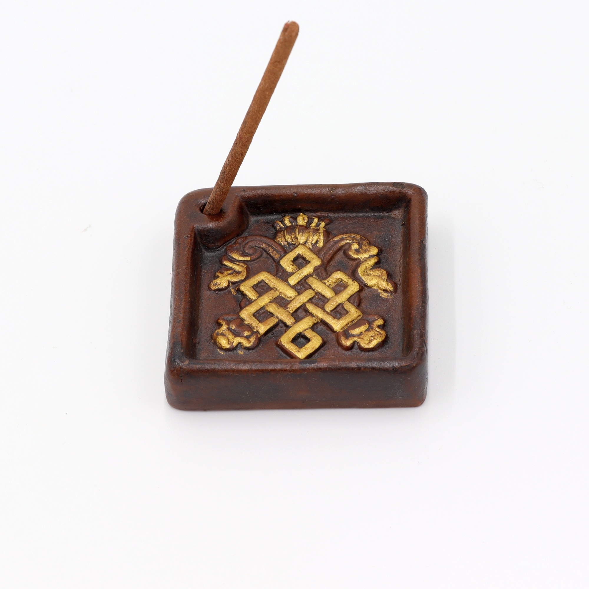 Räucherstäbchenhalter aus Ton Keramik Quadratform Buddha Knoten handbemalt Braun front