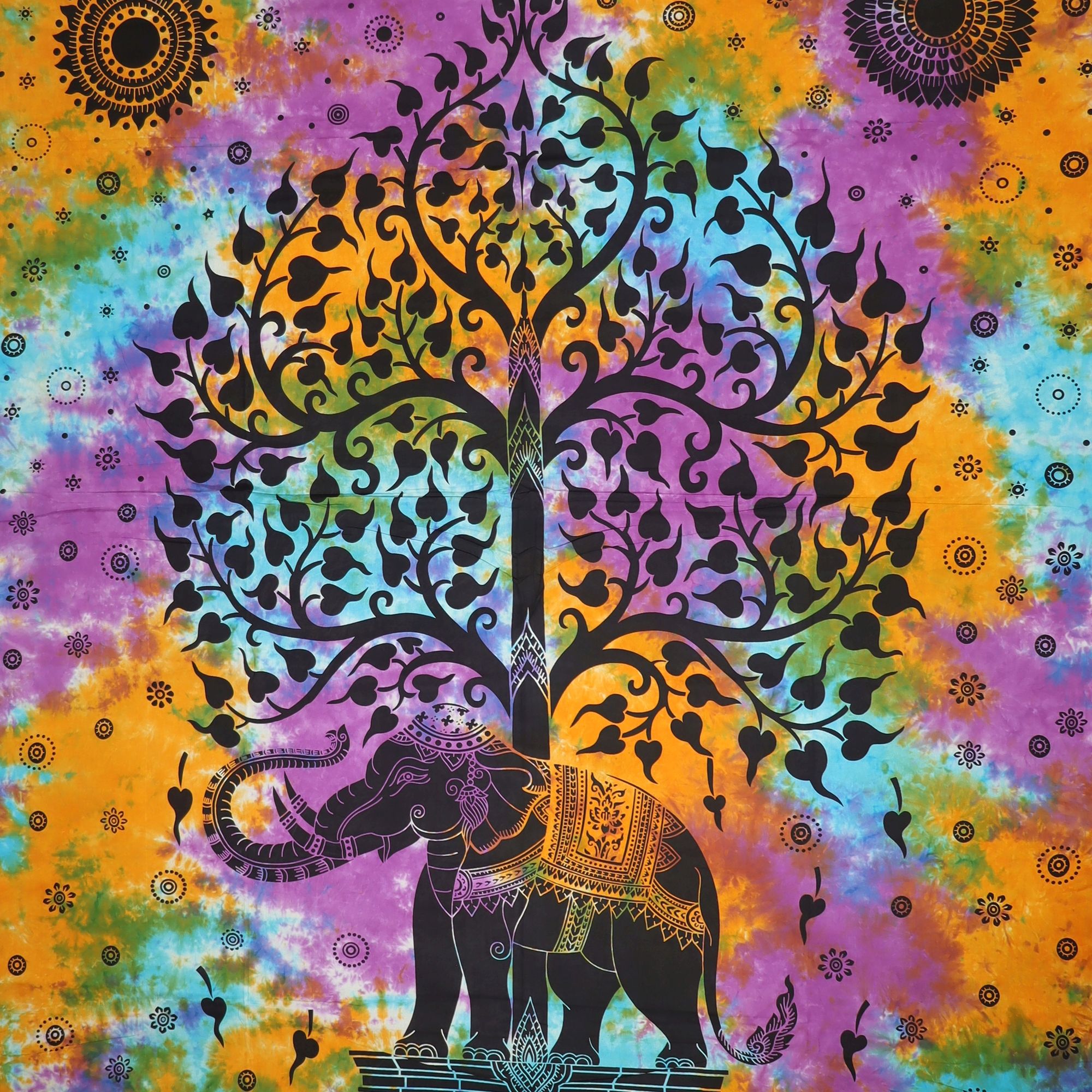 Wandtuch XXL 210x230 - Baum des Lebens und Elefant - 100% Baumwolle - detailreicher indischer Druck - mehrfarbig Batik - dekoratives Tuch, Wandbild, Tagesdecke, Bedcover, Vorhang, Picknick-Decke, Strandtuch