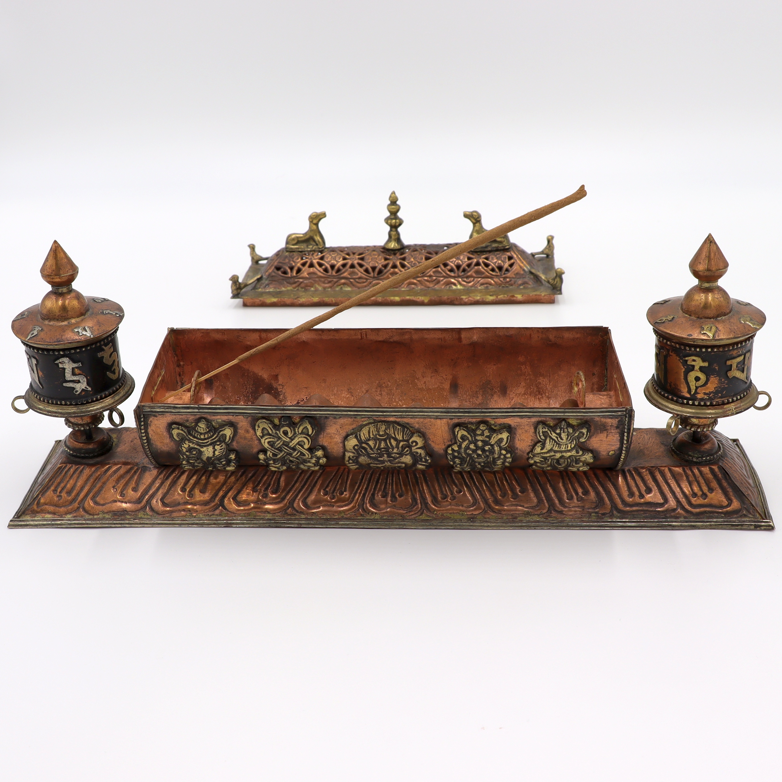 Räucherstäbchenhalter aus Metall, tibetisches Räuchergefäß mit Deckel & Gebetsmühle, Ashtamangala & Om Mani Padme Uhm, Antik Design, XXL