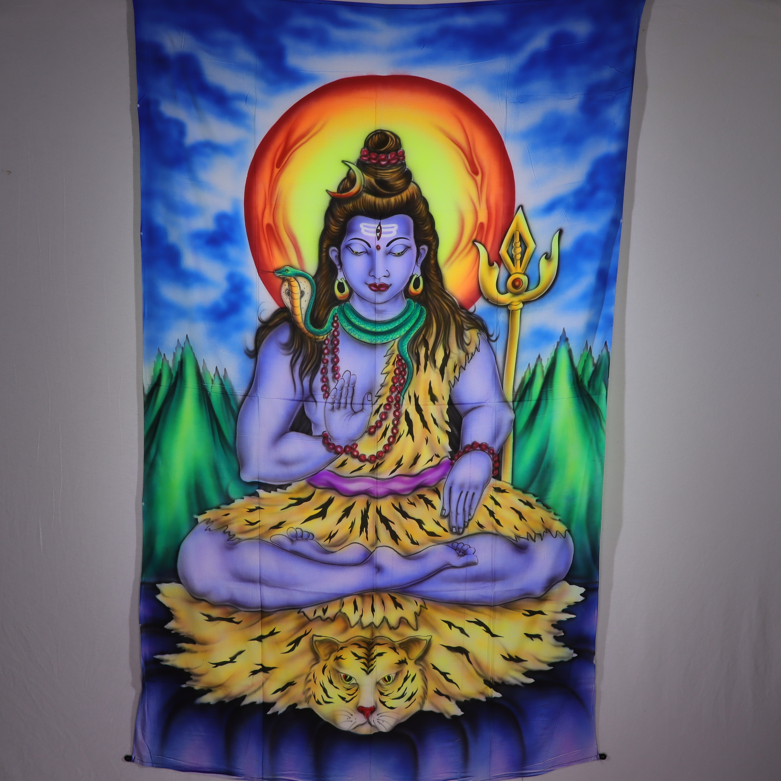 Wandtuch XXL - Shiva der Glückverheißende - handgemalte und bunte Schwarzlicht UV aktiv Farben - 120 x 190