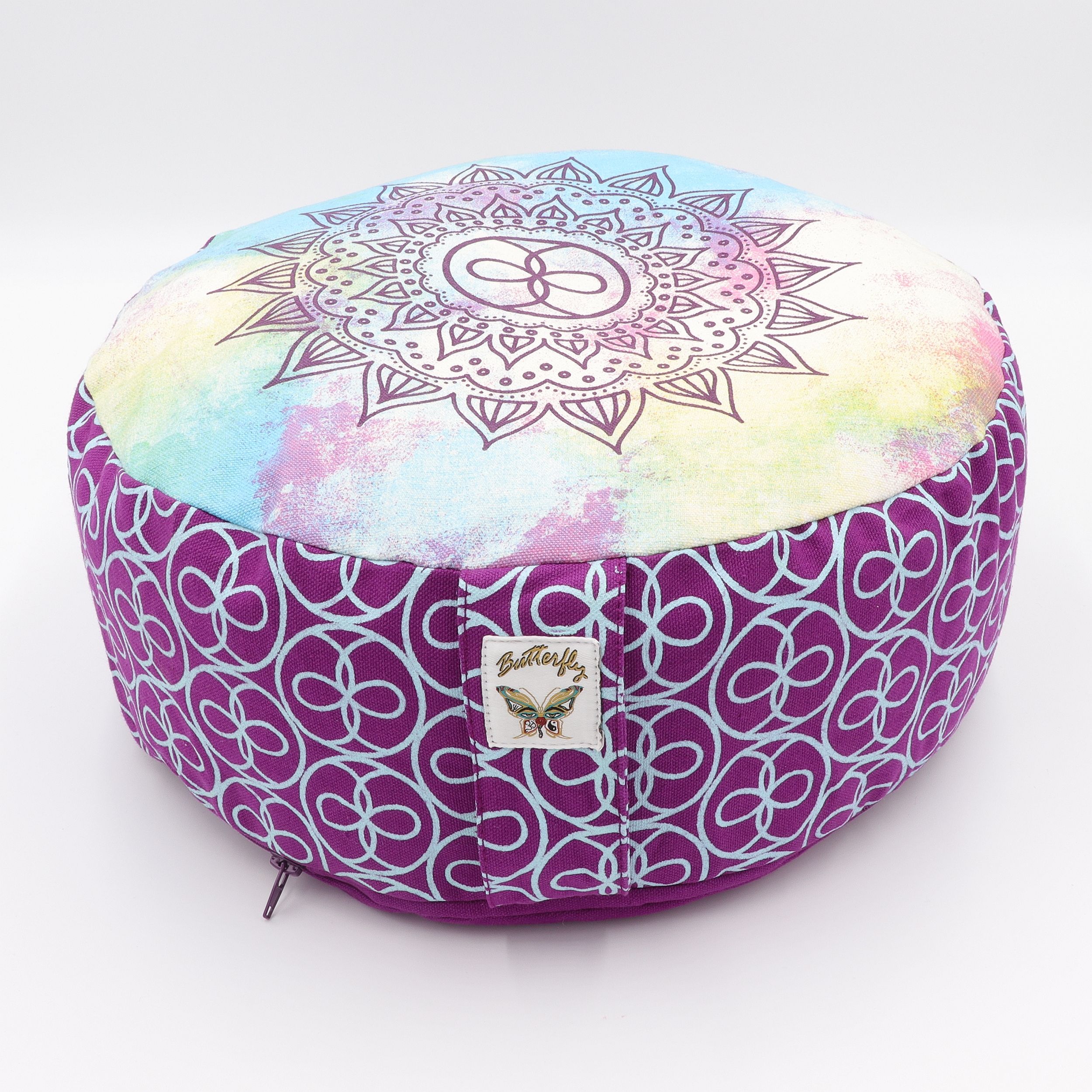 Meditationskissen rund - Mandala Blockdruck - abnehmbarer Bezug aus 100% Baumwolle - Füllung 100% Buchweizenschalen - Dein neues Sitzkissen für Yoga und Meditation - bedrucktes Sitzkissen mit Trageschlaufe
