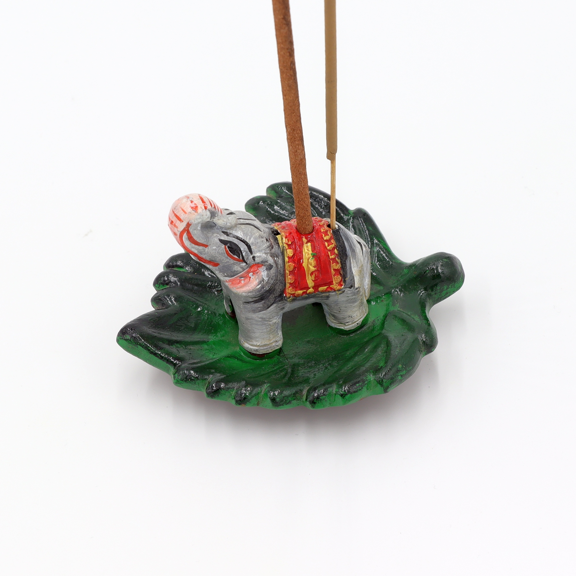 Räucherstäbchenhalter aus Ton Keramik Statue Elefant auf Blatt handbemalt