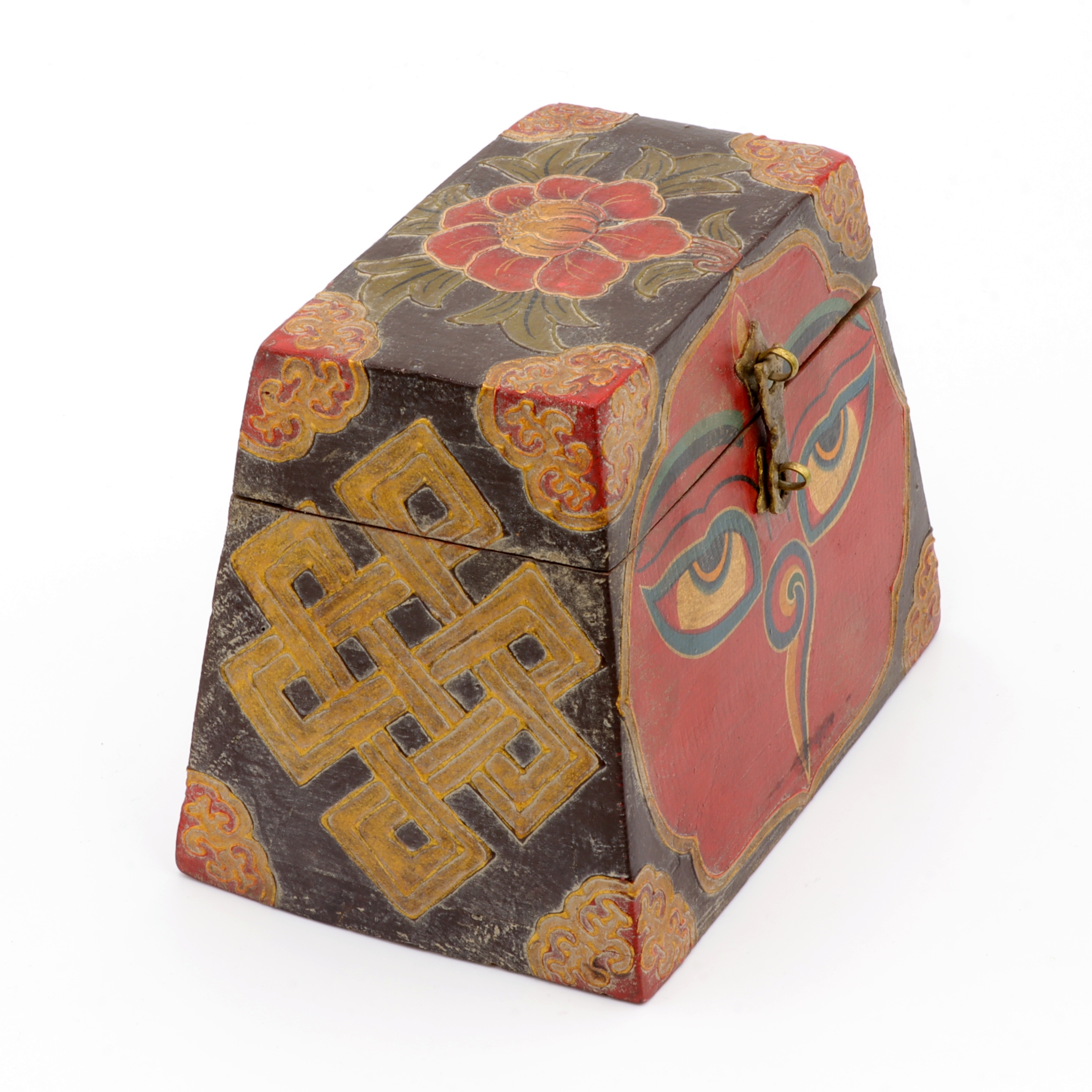Handbemalte Kiste aus Holz - Buddha Eyes, Lotus, Endlosknoten - Trapez Design - typisch nepalesiche Farben - fair gehandelt aus Nepal