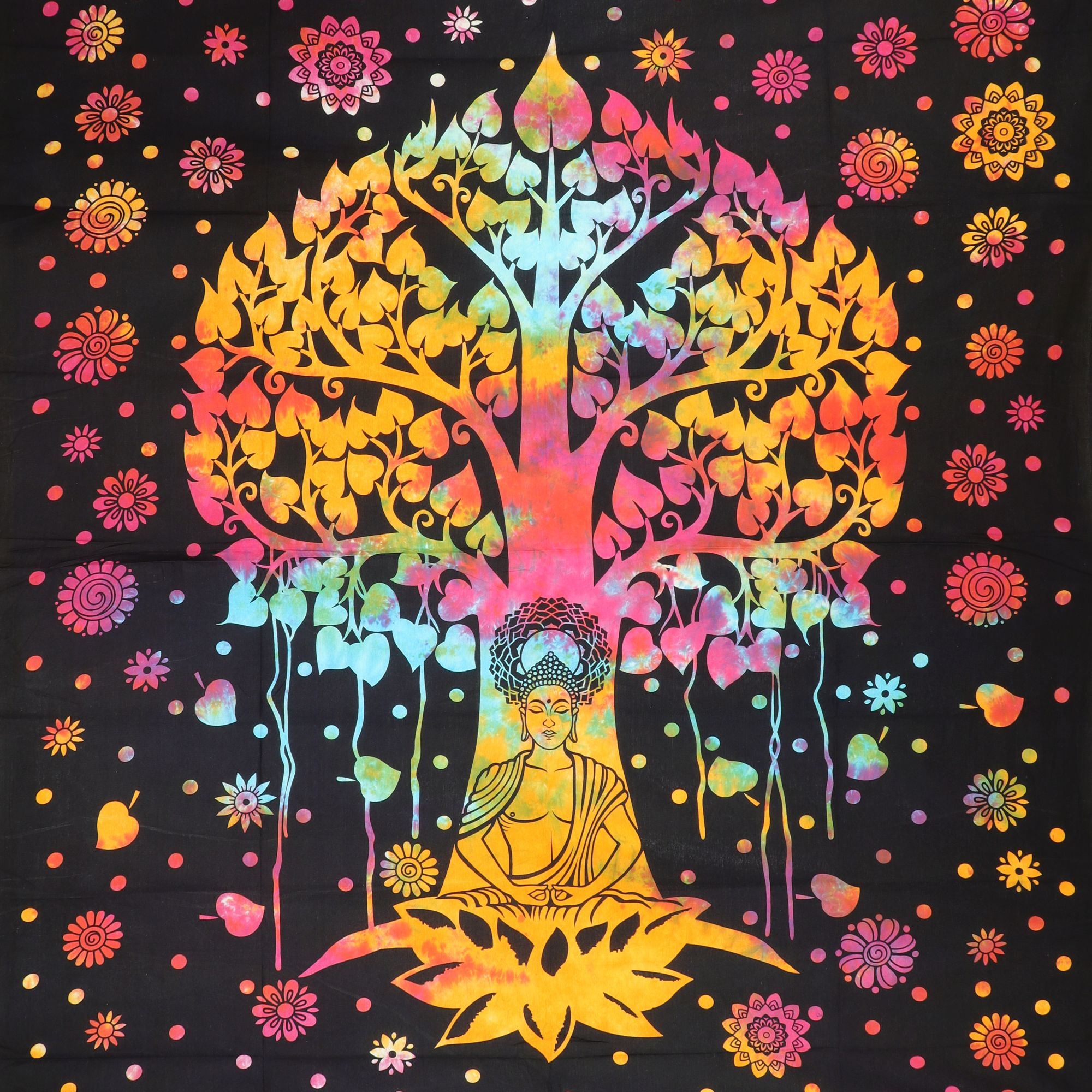 Wandtuch XXL 210x230 - Baum des Lebens und Buddha - 100% Baumwolle - detailreicher indischer Druck - mehrfarbig Batik - dekoratives Tuch, Wandbild, Tagesdecke, Bedcover, Vorhang, Picknick-Decke, Strandtuch