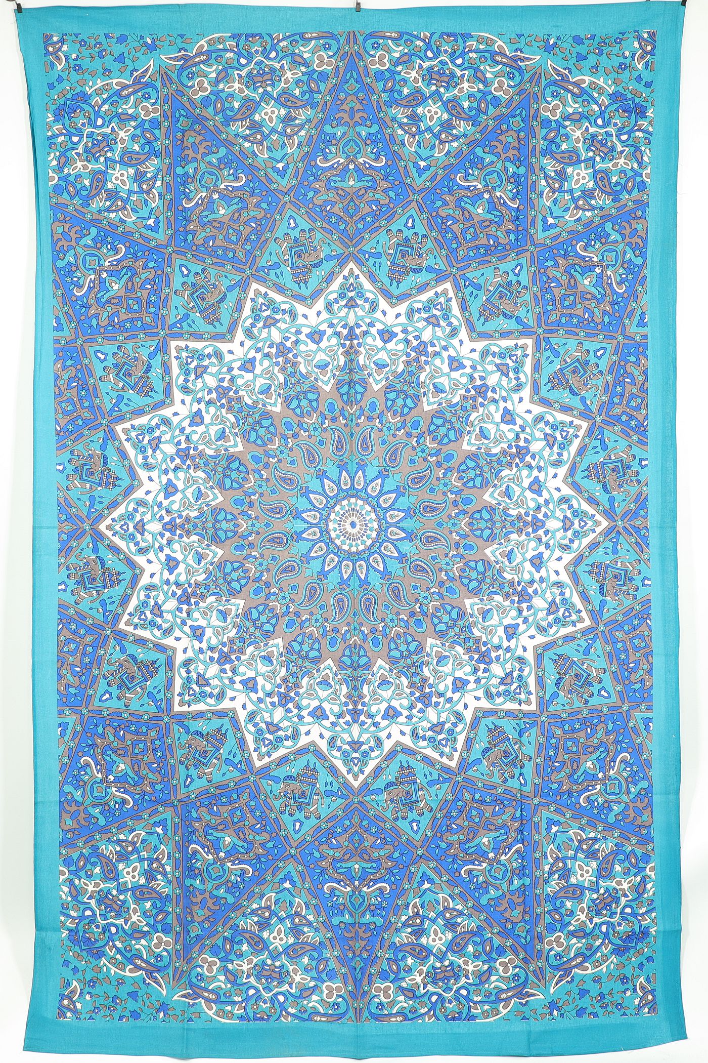 Wandtuch XL 130x210 - Mandala Stern mit Elefanten und Blumen - 100% Baumwolle - detailreicher indischer Druck - mehrfarbig - dekoratives Tuch, Wandbild, Tagesdecke, Bedcover, Vorhang, Picknick-Decke, Strandtuch