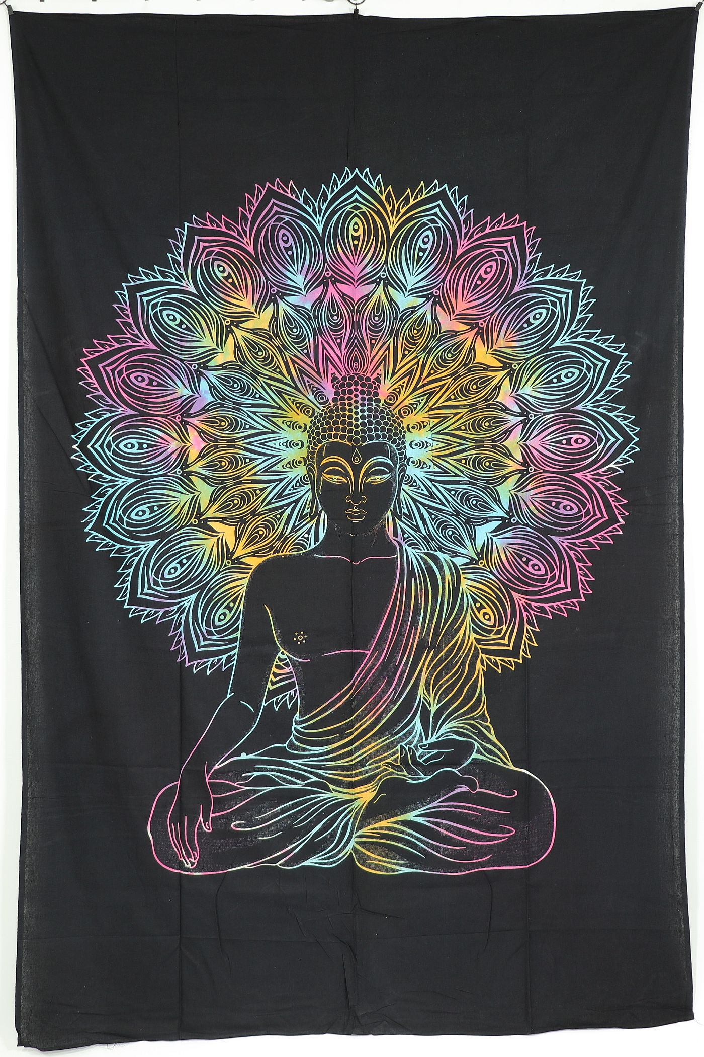 Wandtuch XL 130x210 - Buddha mit Mandala - 100% Baumwolle - detailreicher indischer Druck - mehrfarbig - FARBE - dekoratives Tuch, Wandbild, Tagesdecke, Bedcover, Vorhang, Picknick-Decke, Strandtuch
