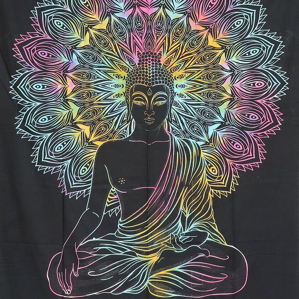 Wandtuch XL 130x210 - Buddha mit Mandala - detailreicher indischer Druck - zweifarbig - bunt - 100% Baumwolle - dekoratives Tuch, Wandbild, Tagesdecke, Bedcover, Vorhang, Picknick, Strand