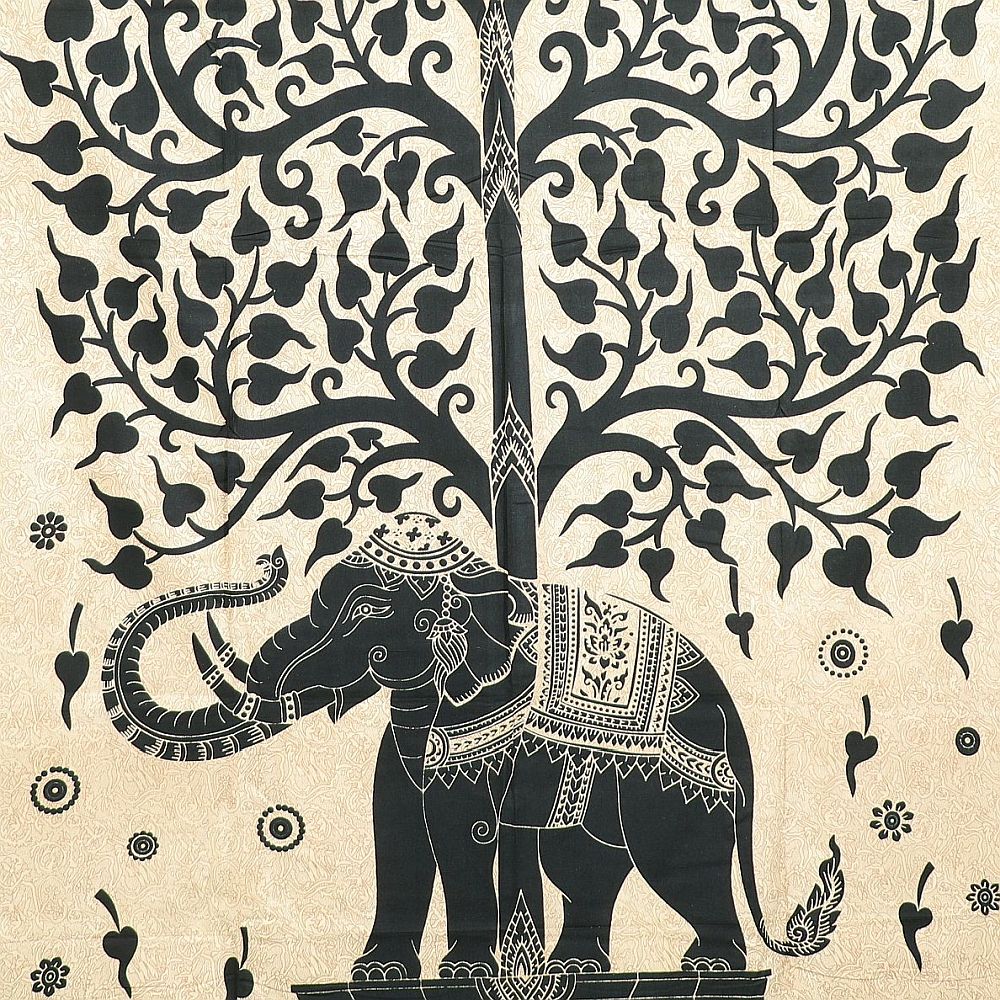 Wandtuch XL 130x210 - Baum und Elefant - detailreicher indischer Druck - zweifarbig - Weiß - 100% Baumwolle - dekoratives Tuch, Wandbild, Tagesdecke, Bedcover, Vorhang, Picknick, Strand