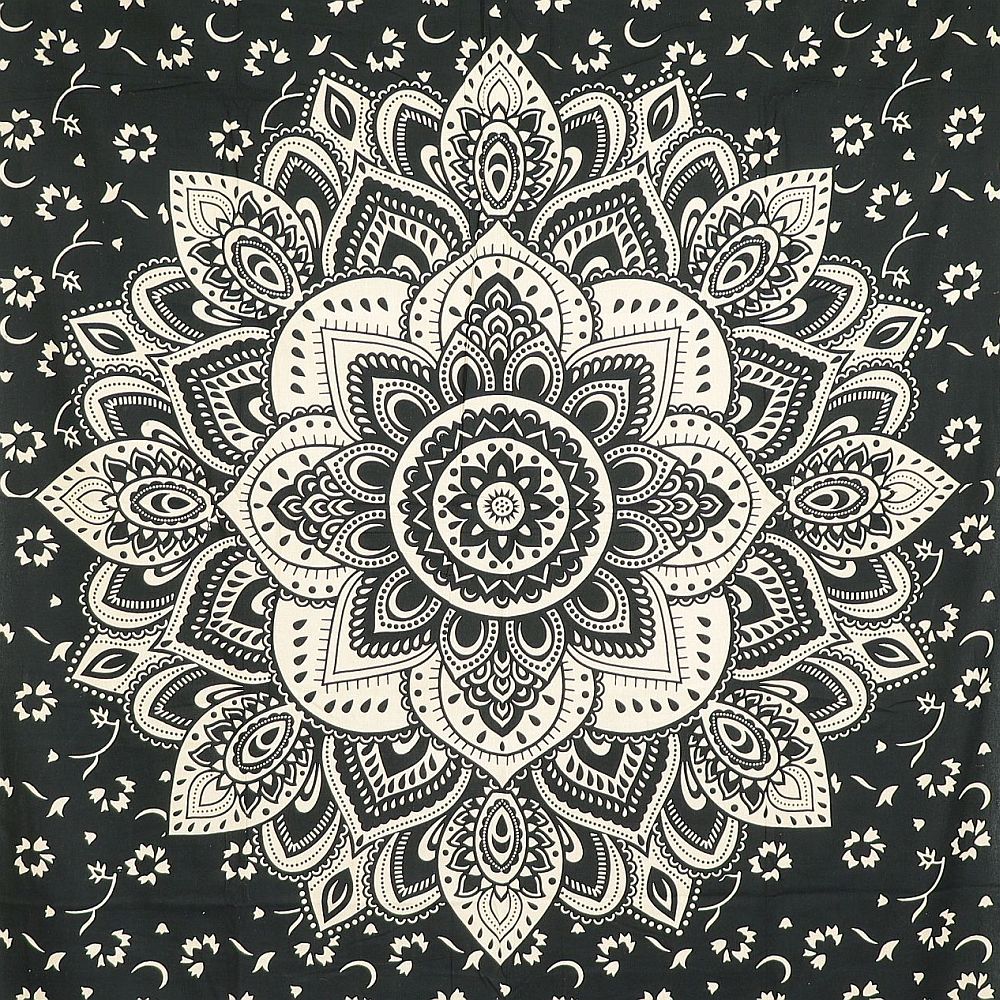 Wandtuch XL 130x210 - Mandala Lotus mit Blumen - 100% Baumwolle - detailreicher indischer Druck - zweifarbig - dekoratives Tuch, Wandbild, Tagesdecke, Bedcover, Vorhang, Picknick-Decke, Strandtuch