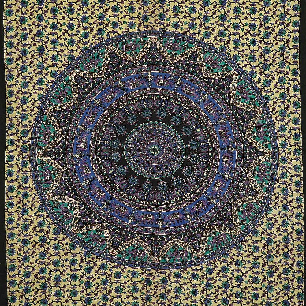 Wandtuch XL 130x210 - Mandala Kreise mit Elefanten - detailreicher indischer Druck - mehrfarbig - Grün - 100% Baumwolle - dekoratives Tuch, Wandbild, Tagesdecke, Bedcover, Vorhang, Picknick, Strand